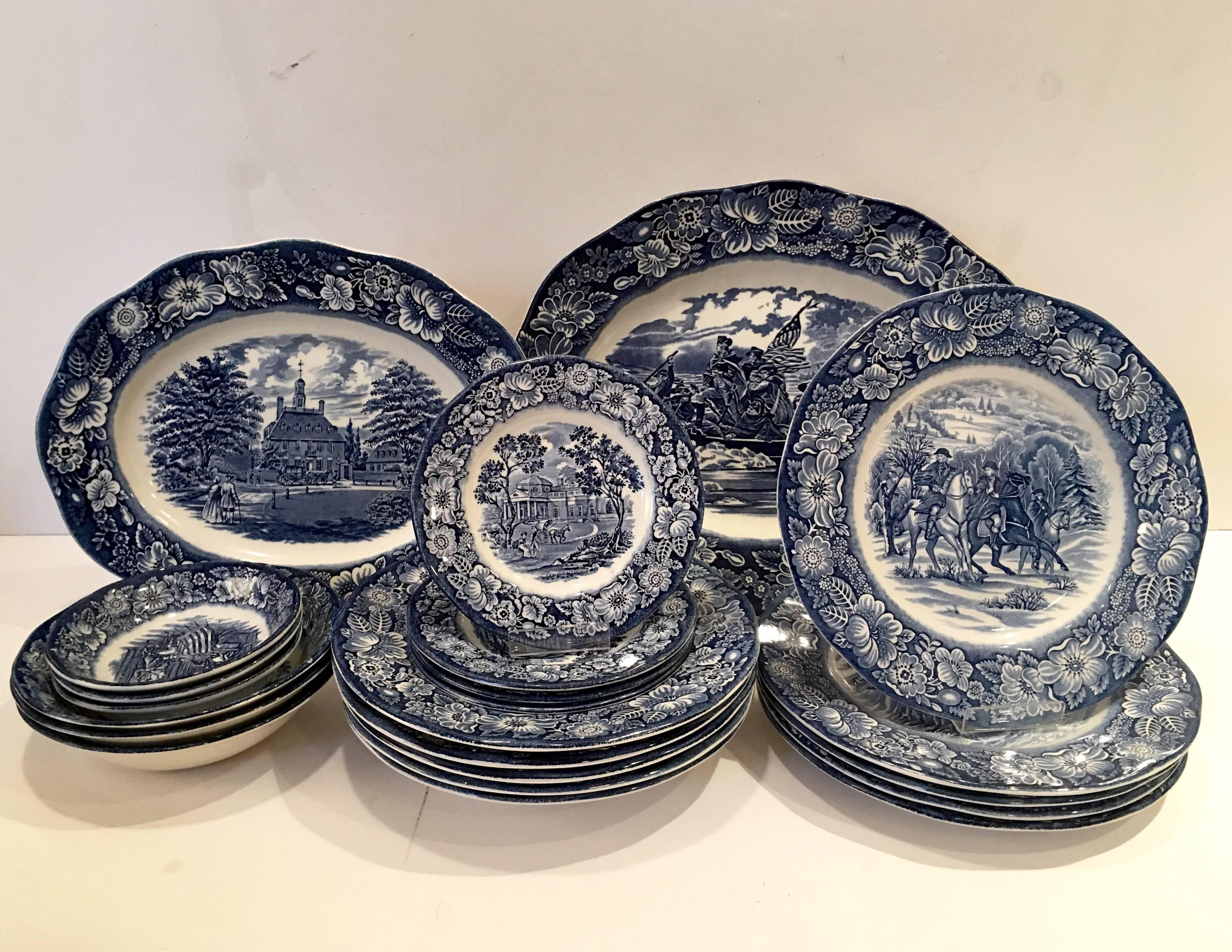 Vintage English 22-piece set of transferware by, Staffordshire in the Liberty Blue pattern. Liberty Blue features American Historical Scenes. This 22-piece set includes:
Five rim soup bowls, 8.75" dia.
Five luncheon plates, 9" dia.
Four