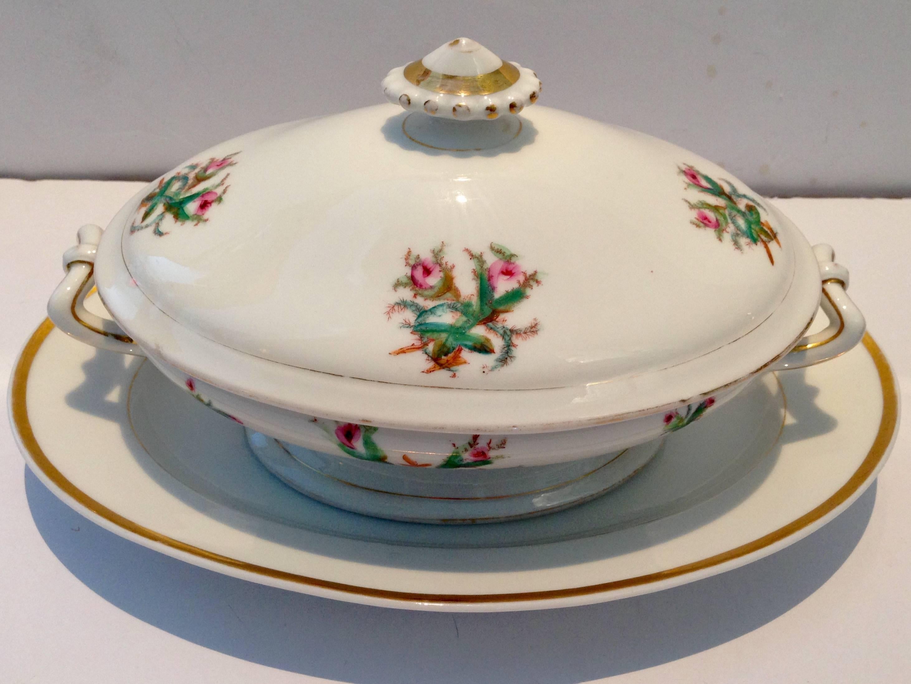 Antique French Haviland & Co. Moss Rose lidded tureen and platter/under plate. Singed on underside, tureen measures, 6