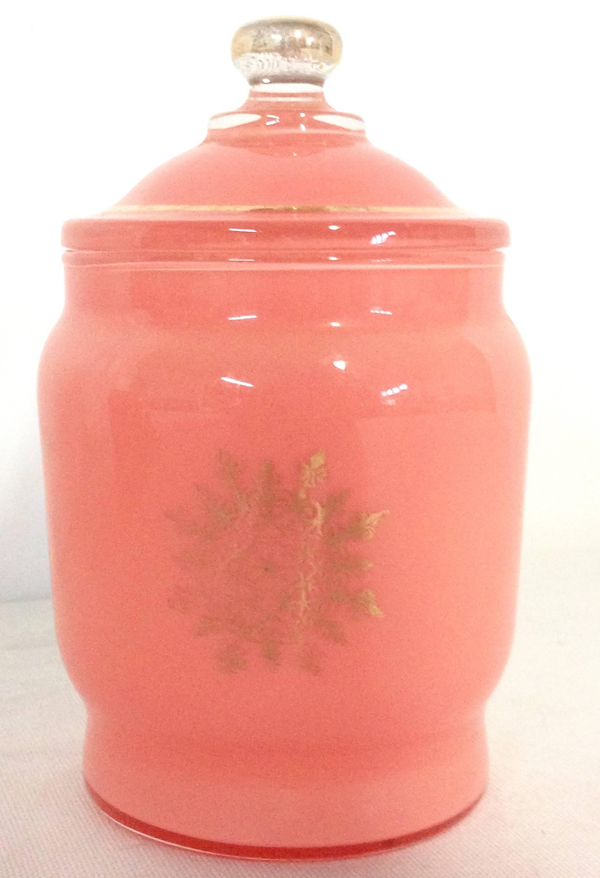 Vintage Peach-Pink Lidded Opaline Vanity Jars In Excellent Condition In West Palm Beach, FL