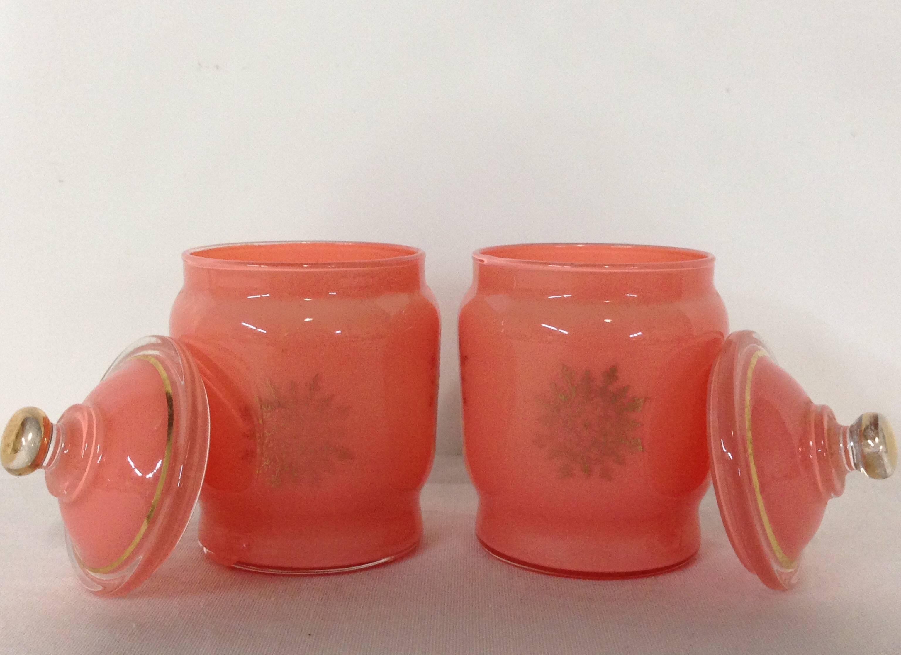 Pair of rare opaline vanity jars with distinctive gold snowflake center and detail/ embellishment.