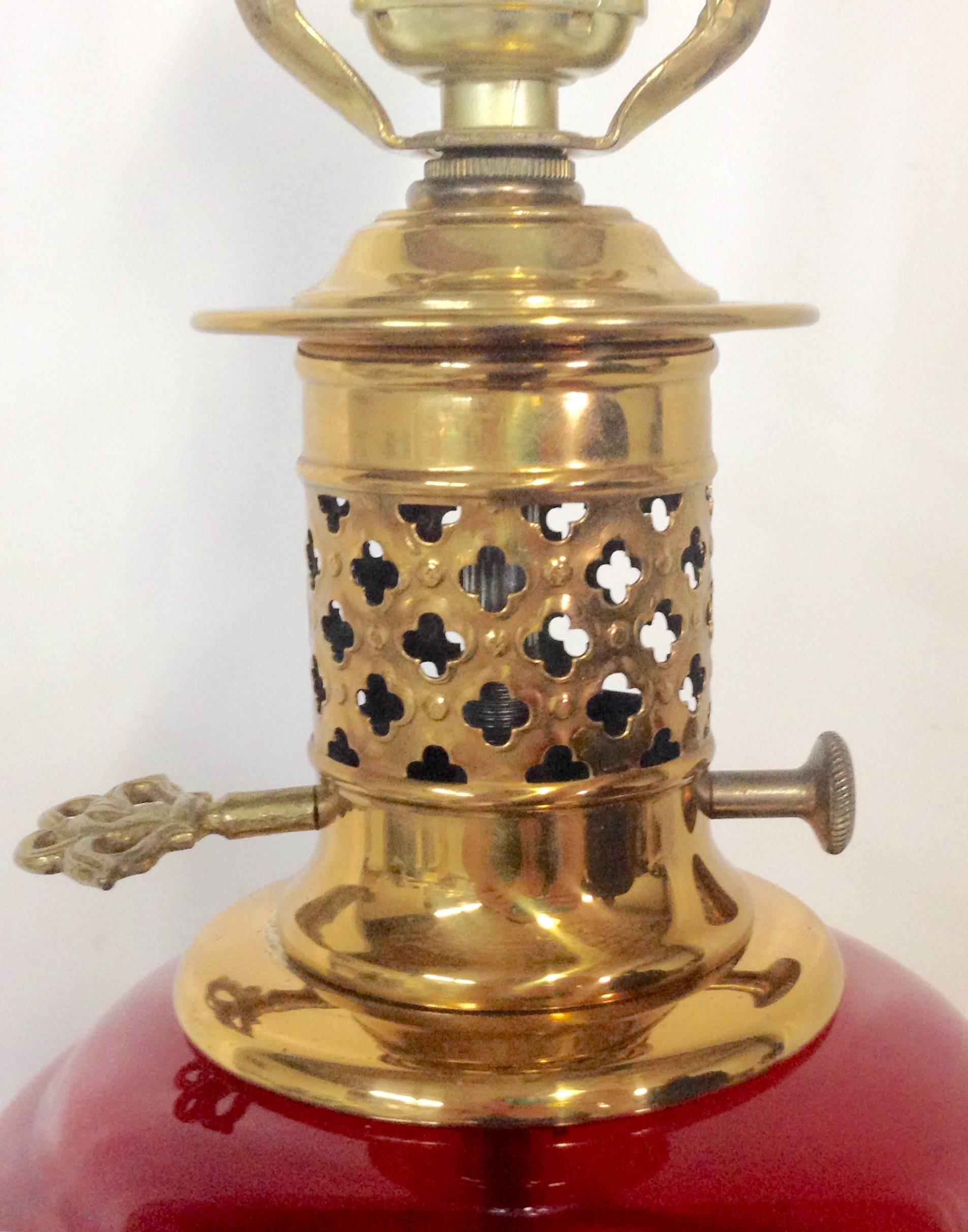 20th Century Antique Cranberry Glass & Brass Oil Style Lamp