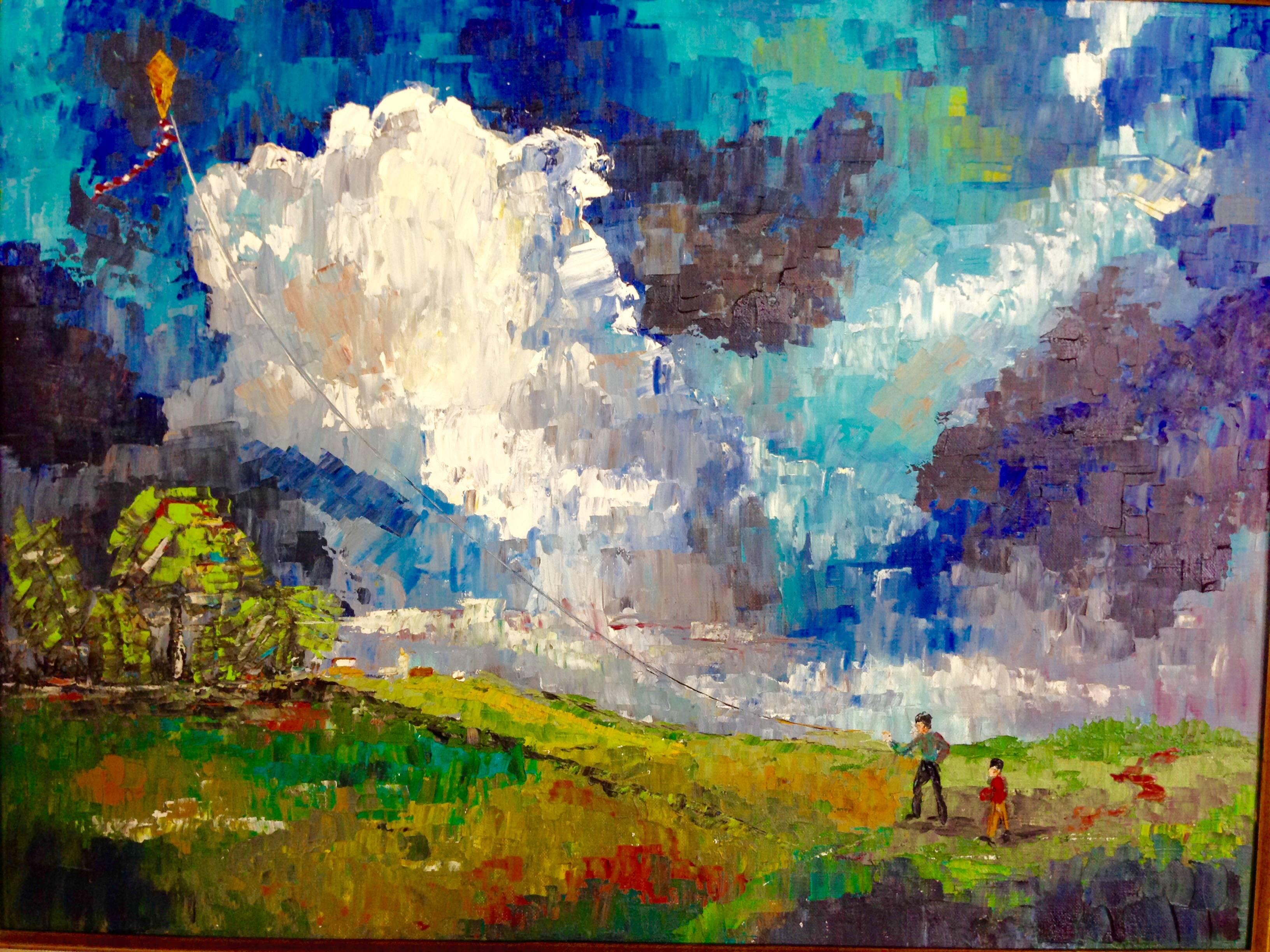 Original oil painting of a father and son flying a kite, with a textured, knife palette technique by artist Charlotte Kindberg, 1970. Unsigned. Artist information on back. Board, 18