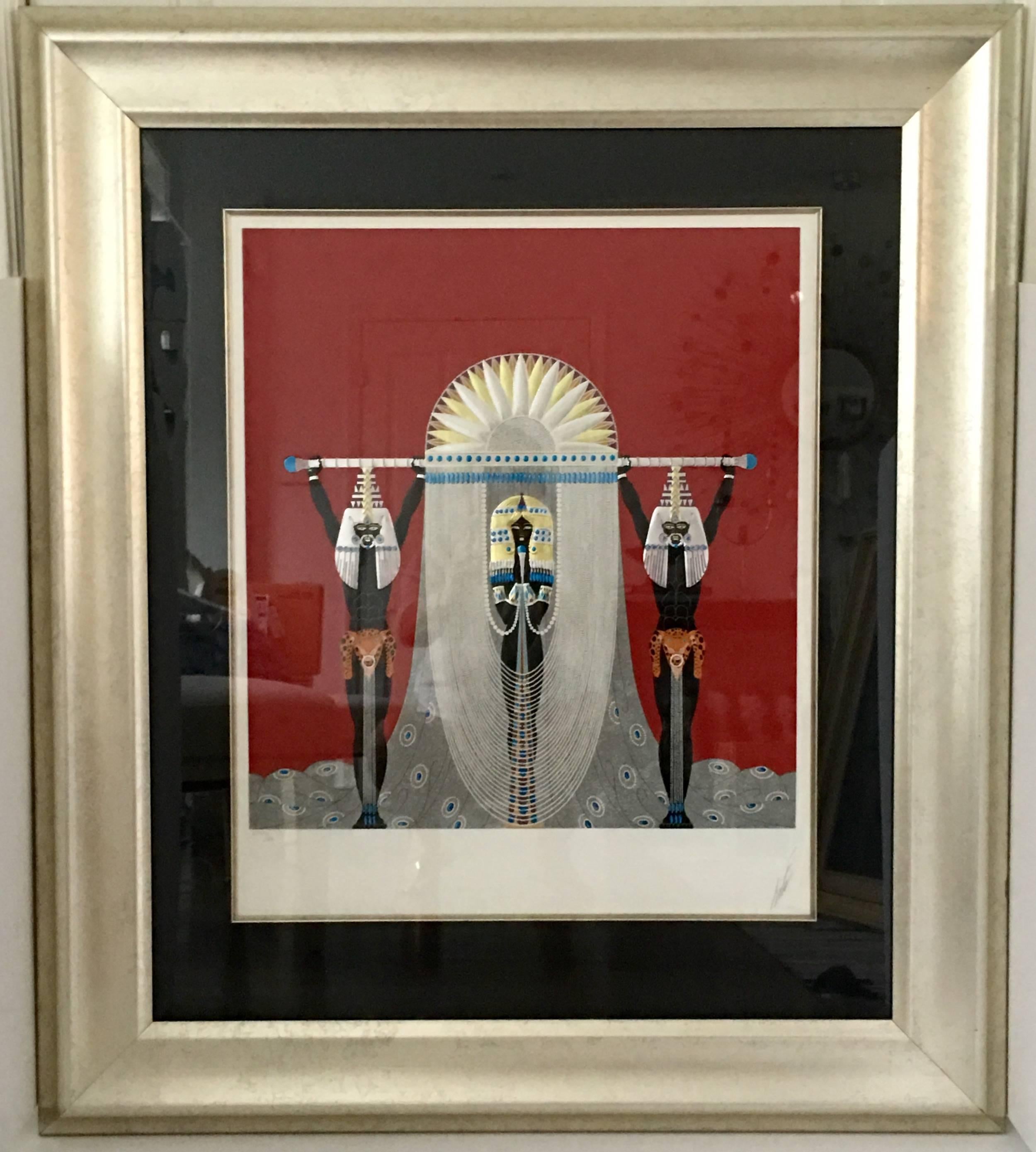 1986 Serigraph by, Romain De Tirtoff "The Egyptian" hot stamped and embossed, limited edition of 300. Hand signed by Erte, lower right margin and numbered, CXVIII/CL lower left margin. Frame is beautiful silver leaf over wood.
The