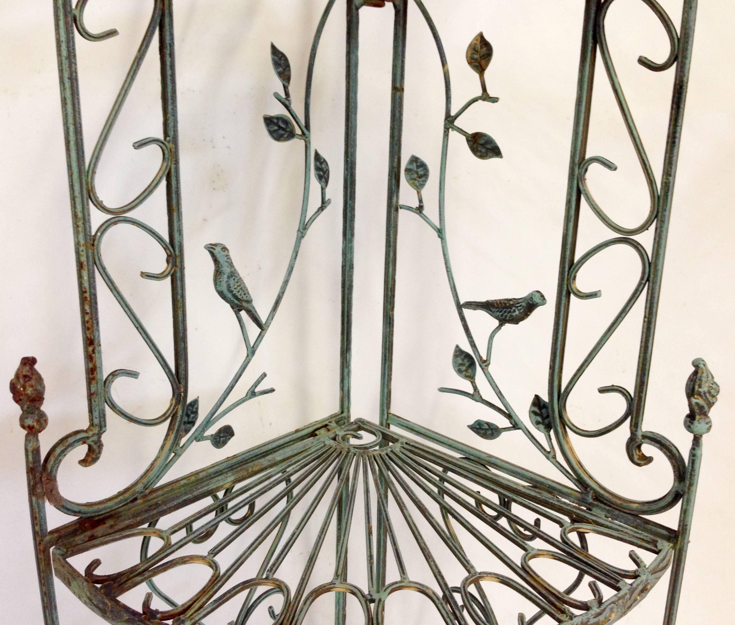 French Iron Three-Tier Corner Verdigris Bird Shelf In Excellent Condition In West Palm Beach, FL