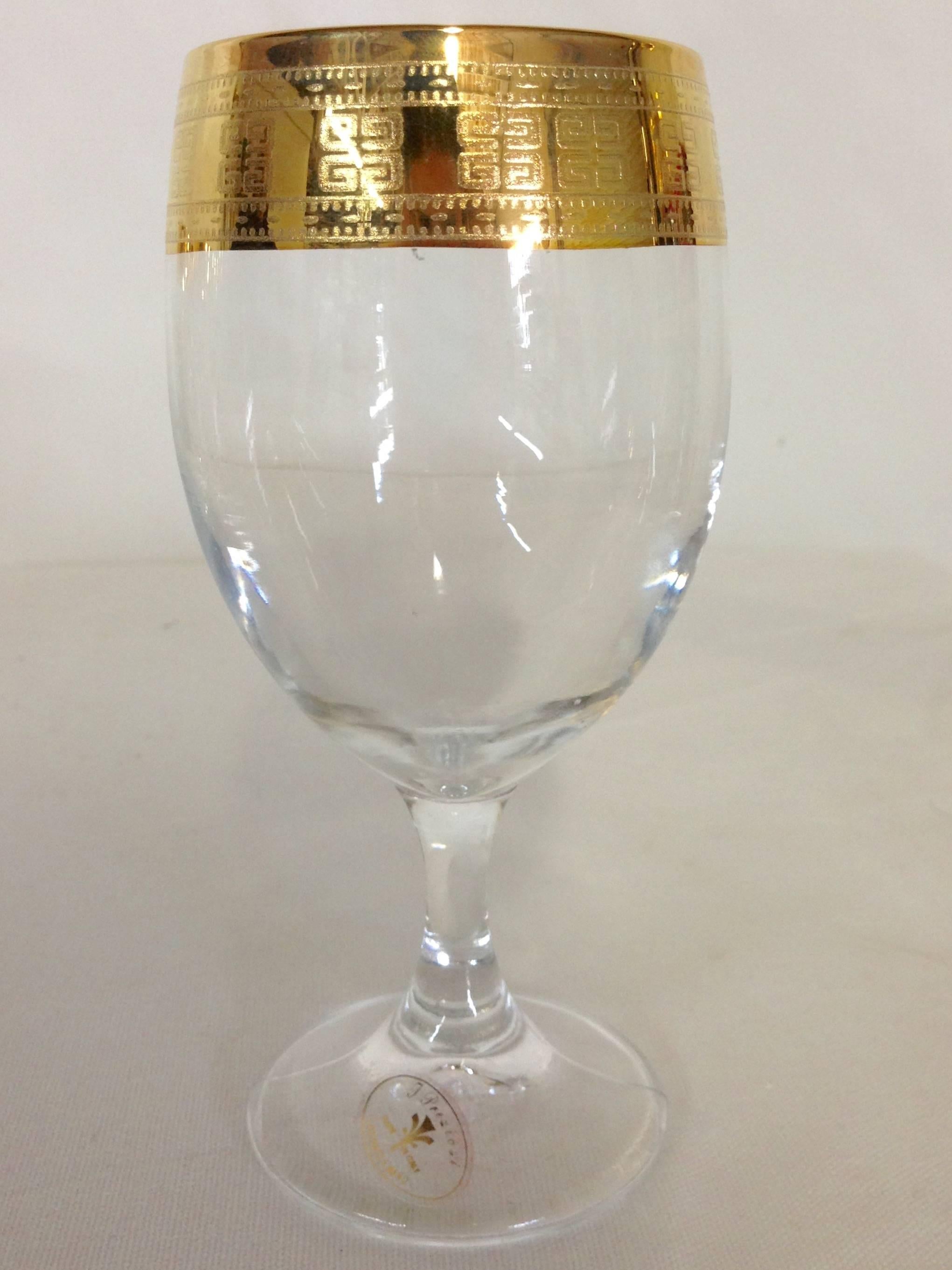 1980s Gold Rim Greek Key Stem Glasses, Set of Six In Excellent Condition In West Palm Beach, FL