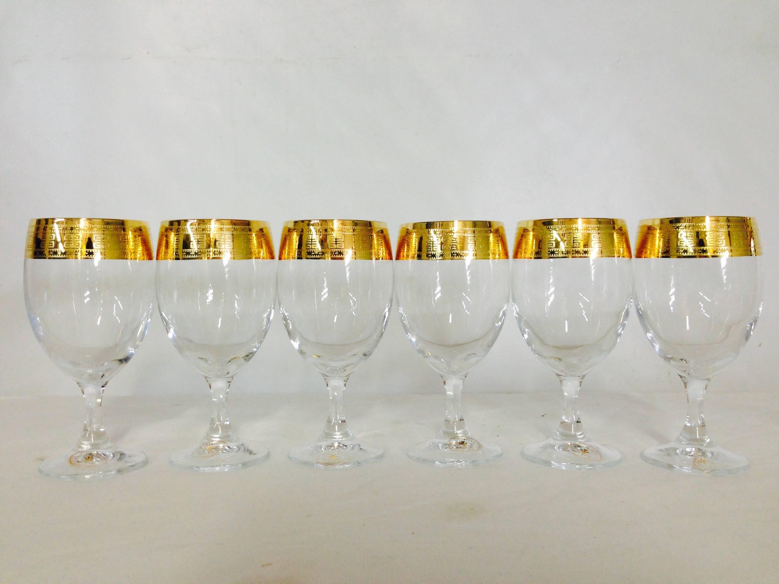 Italian 22-karat gold rig Greek key motif stem glasses. Manufacture sticker reads, J. Preziosi, Made in Italy. These glasses are like new and or have never been used.