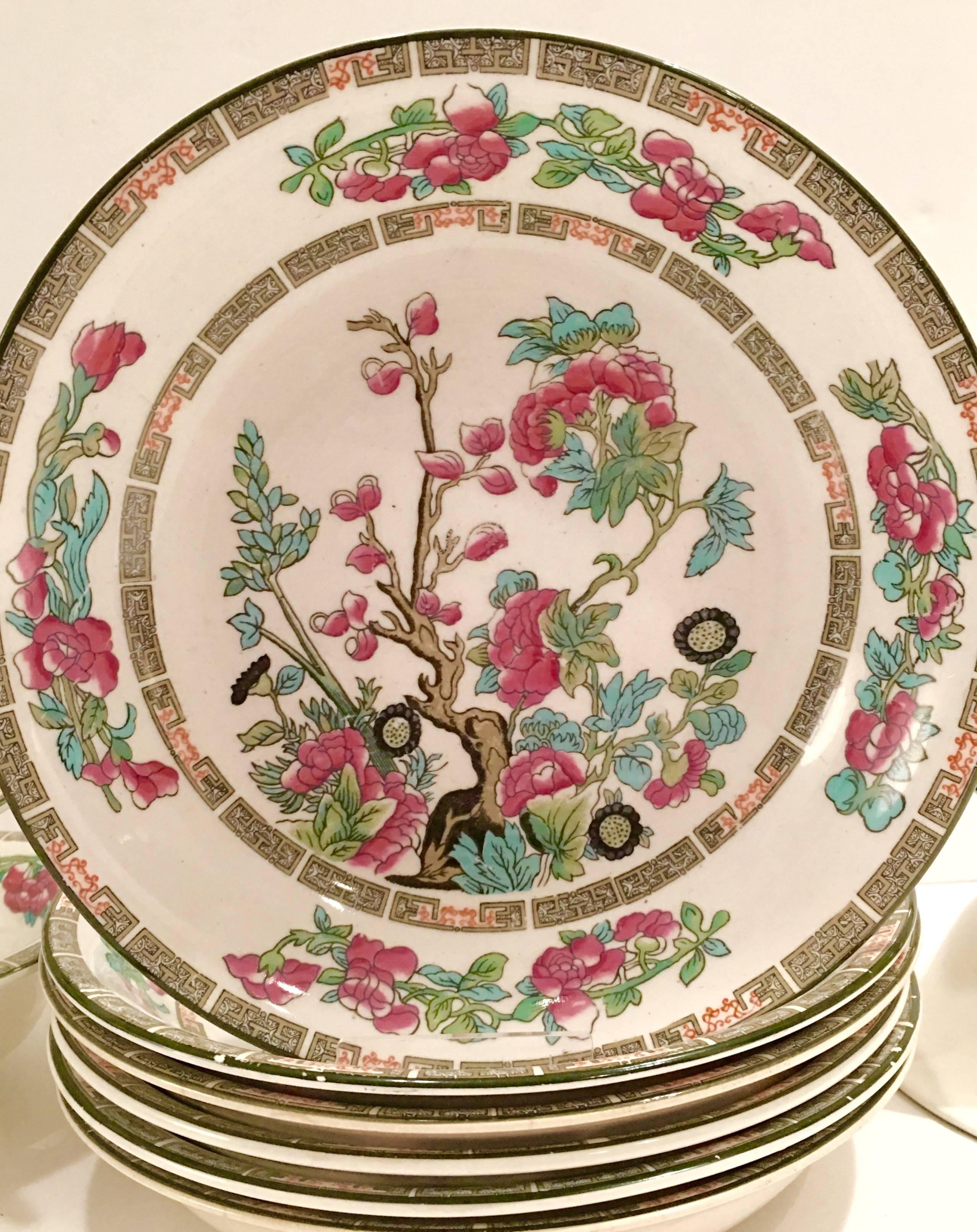 1890's John Maddock & Sons Ltd. England ten-piece set of "Indian Tree" china. Bright white ground with pink, aqua and green floral Chinese trees and a green and coral abstract Greek key detail. Set includes, two large oval vegetable