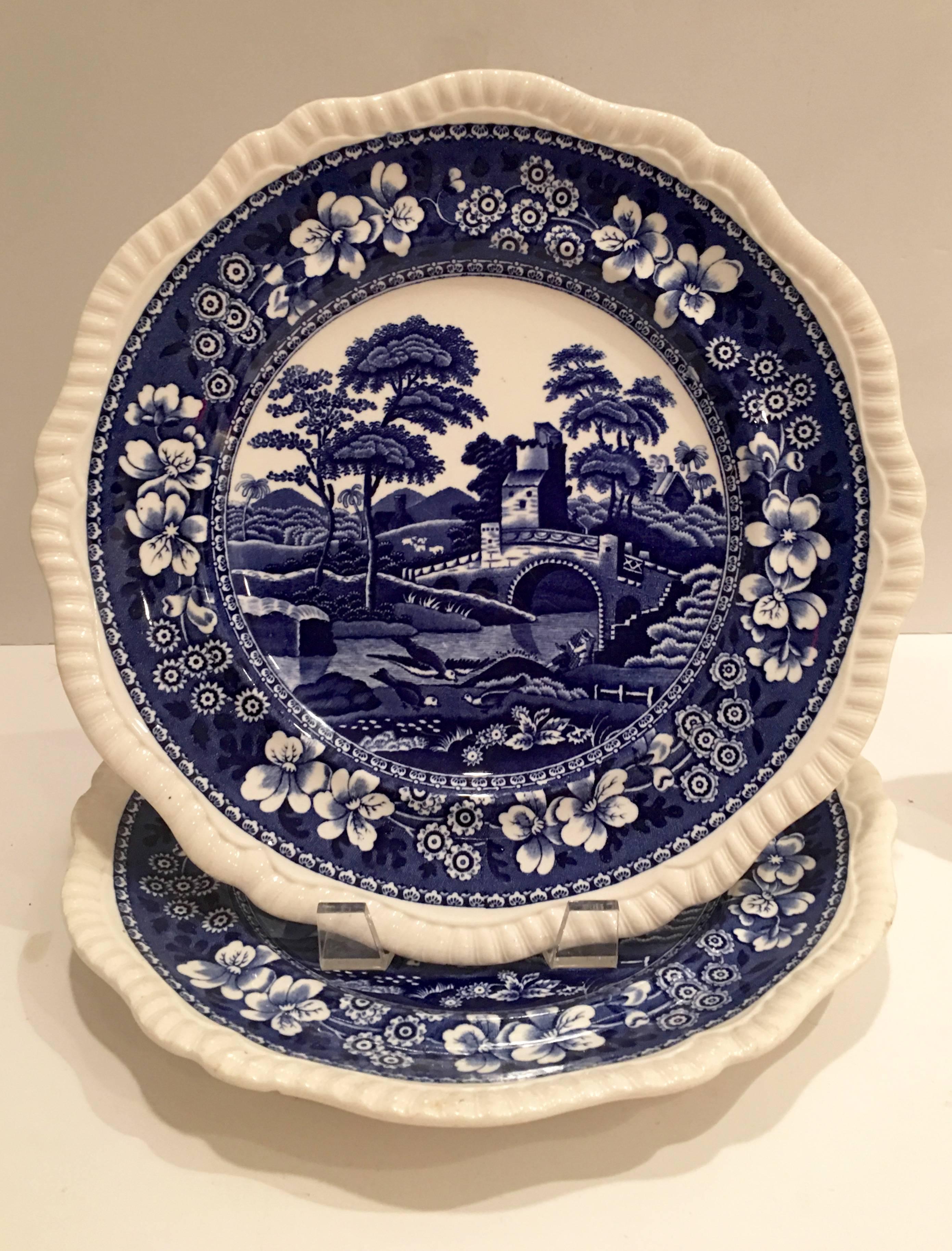 Set of five English Transferware by, Copeland Spode in Blue Tower pattern. Set includes two dinner plates and three salad/dessert plates. Salad/dessert plate measures, 7.75 diameter. Marks on underside indicate older production.