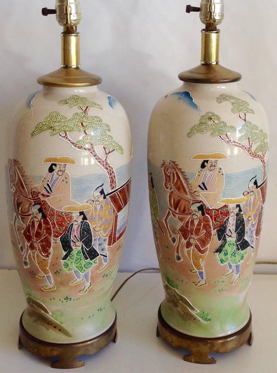 Antique Pair Of Japanese Porcelain Satsuma Hand Painted Moriage Lamps