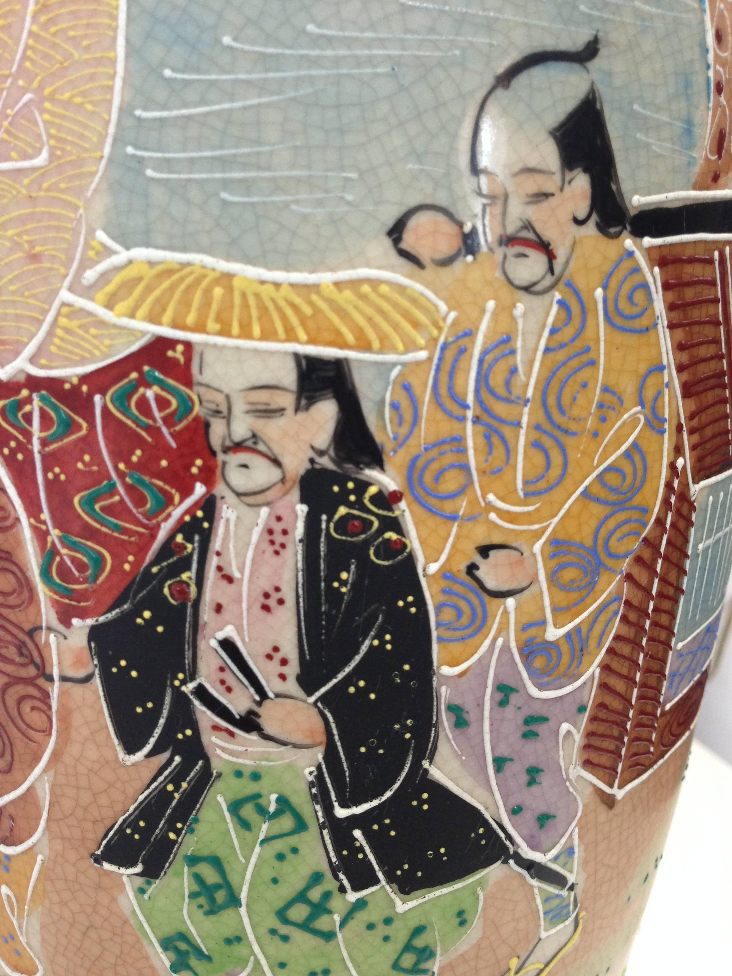 Japonisme Antique Pair Of Japanese Porcelain Satsuma Hand Painted Moriage Lamps 