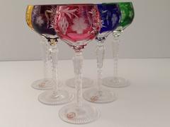Vintage Set of Five Cut-to-Color Bohemia Hock Wine Goblets