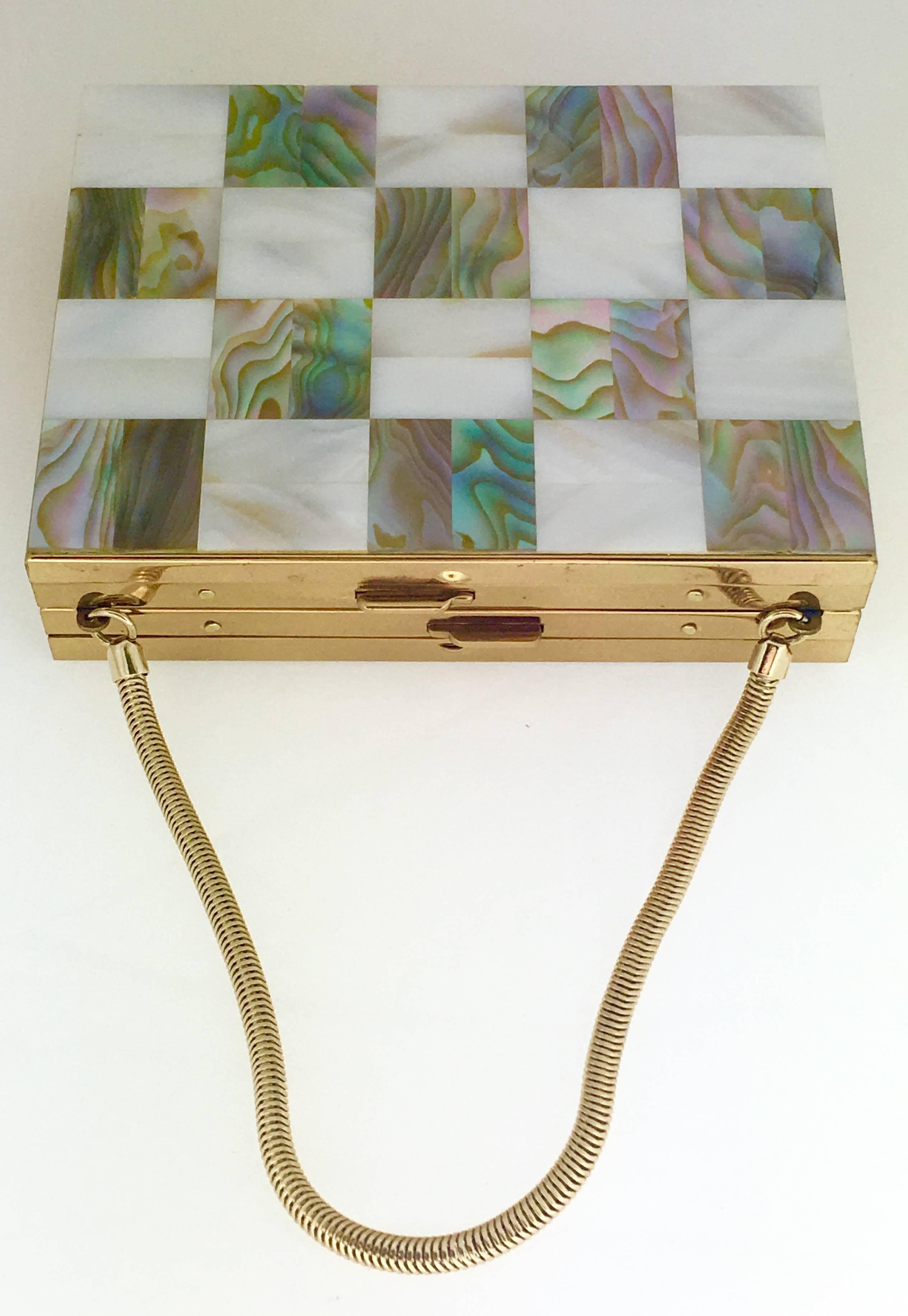 Art Deco 1940s Abalone, Mother-of-pearl and Brass Double Compact Minaudiere