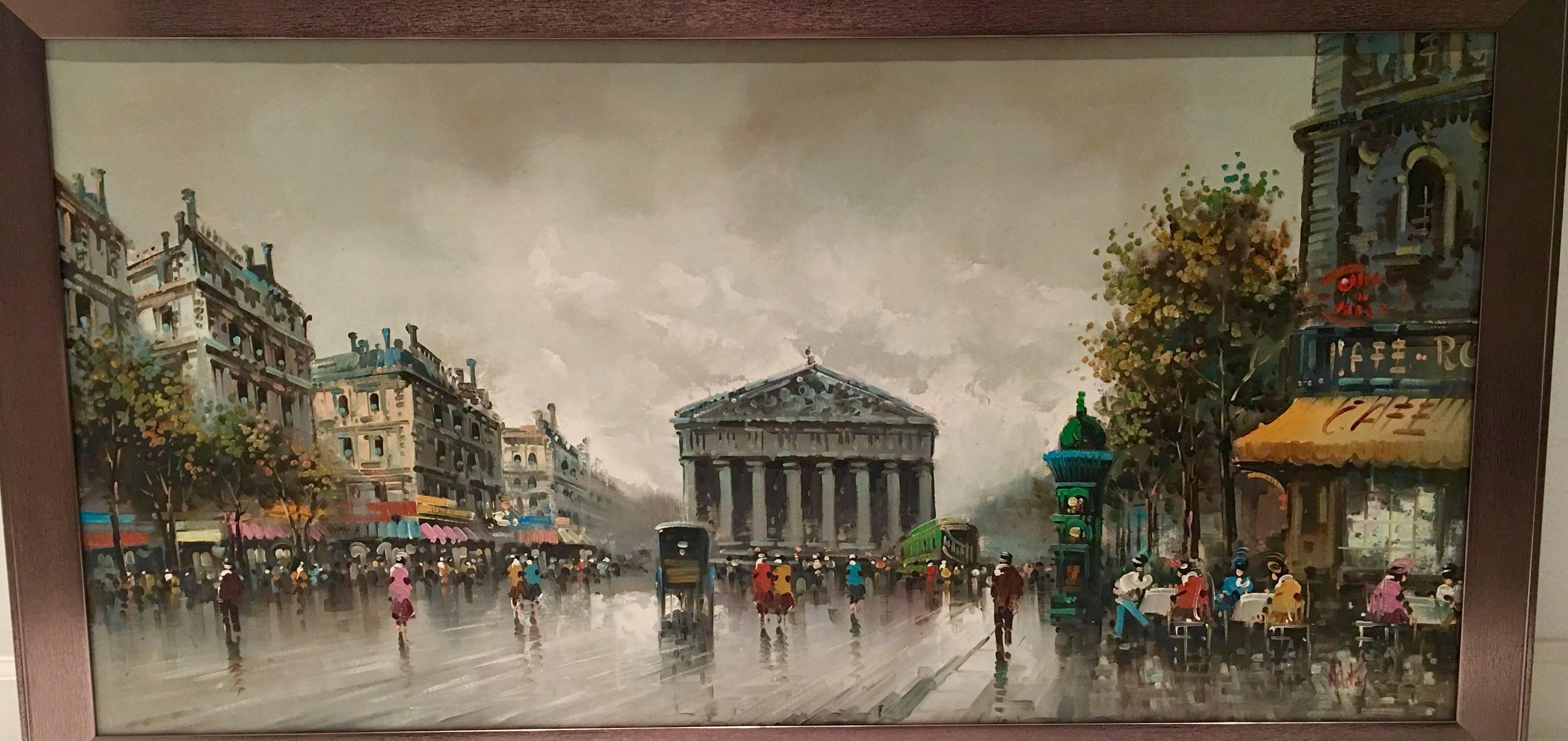 Original Impressionist oil painting on canvas signed lower right by, Antonio DeVity Italy (b.1902 - d.1993). Painting depicts a Paris street scene with some people gathered at cafes and others walking down the street just after it has rained. COA