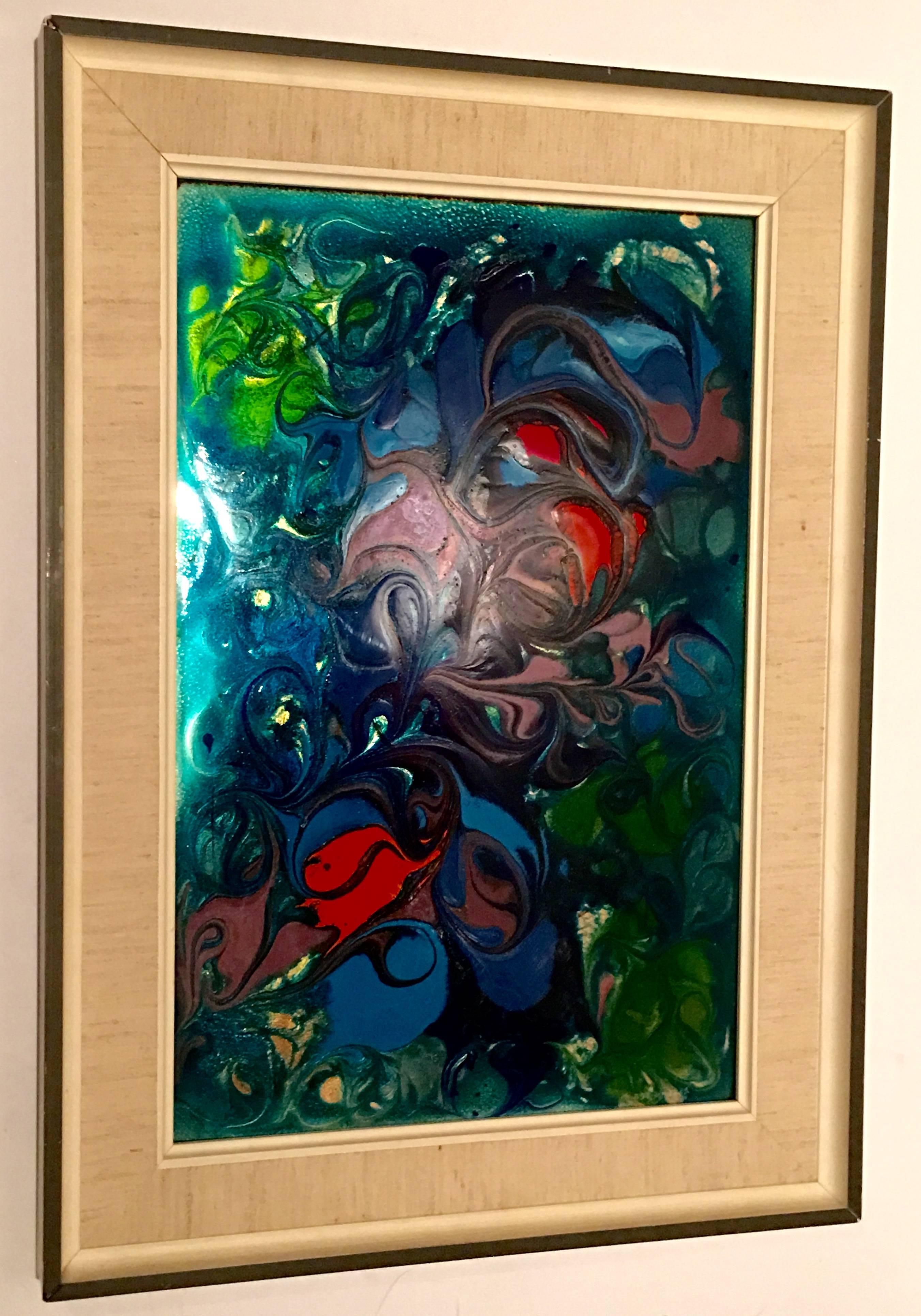 20th Century European Original Abstract Enamel On Metal Painting, Signed- numbered by artist, lower right, 034.20.8238.
This one of a kind abstract painting features, vibrant and high gloss both muted and neon color effects in greens, blues, purple,