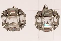 1940s Bogoff Sterling& Austrian Crystal Clear Emerald Cut Rhinestone Earrings