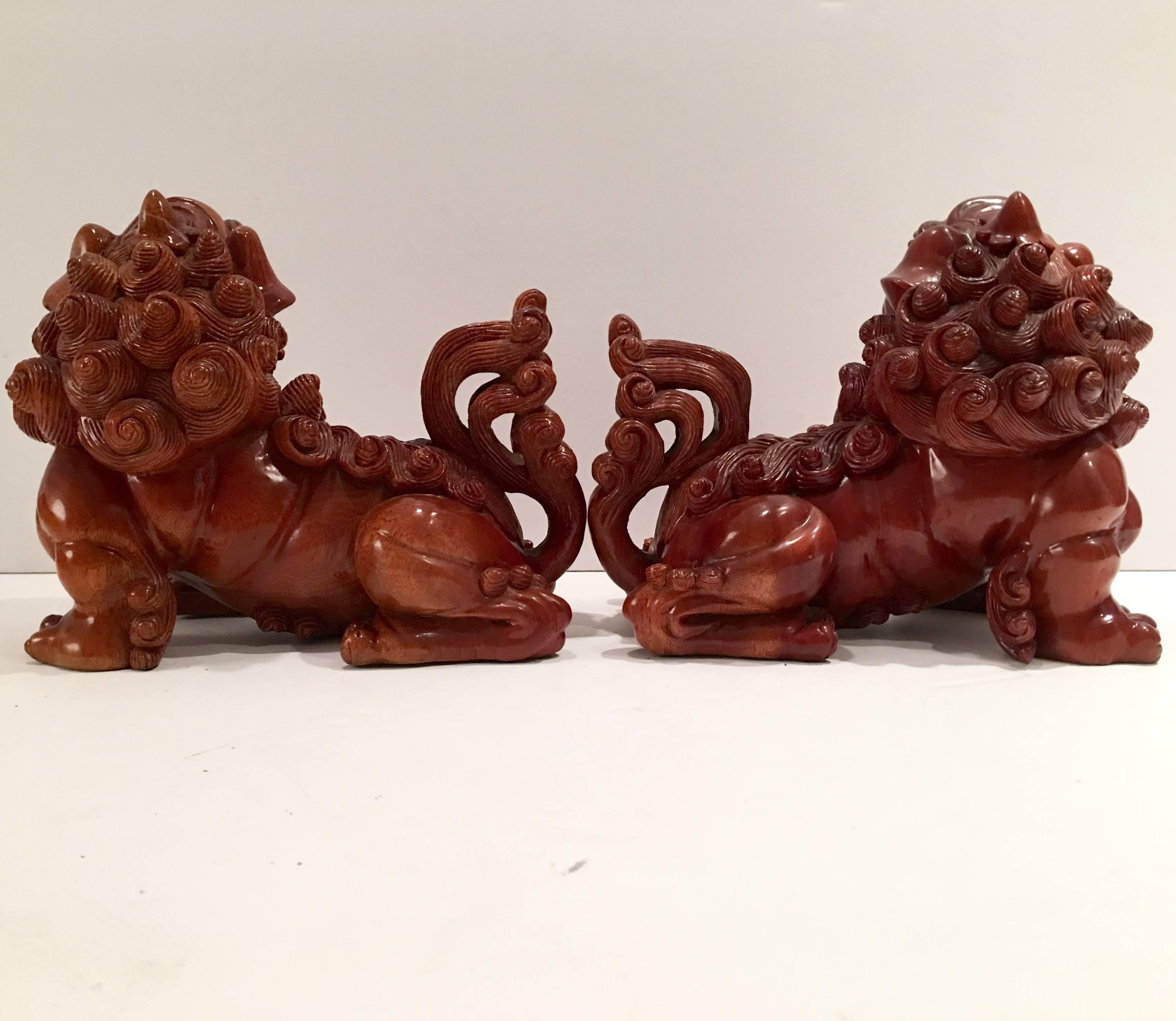 19th Century Chinese Carved Wood Foo Dog Pair In Excellent Condition In West Palm Beach, FL