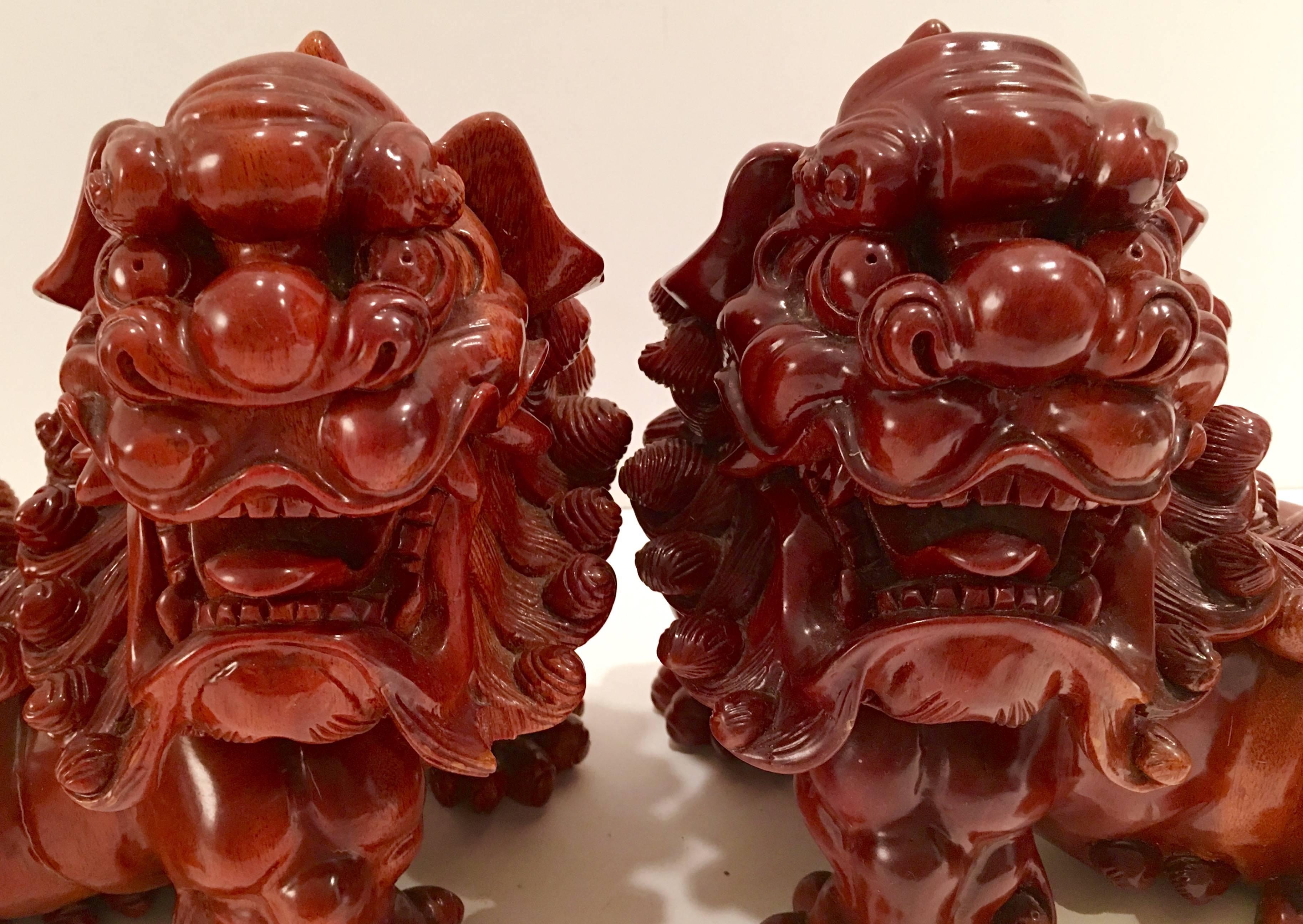 Chinoiserie 19th Century Chinese Carved Wood Foo Dog Pair