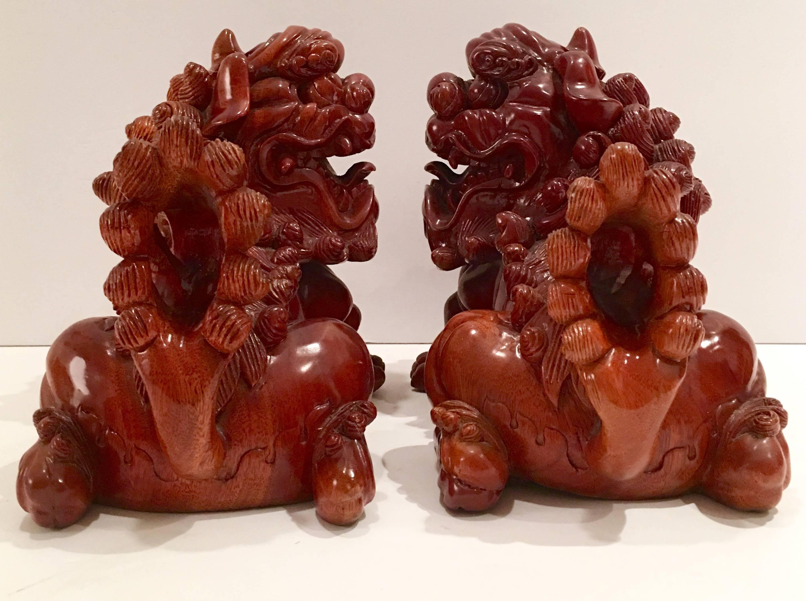 19th Century Chinese Carved Wood Foo Dog Pair 1