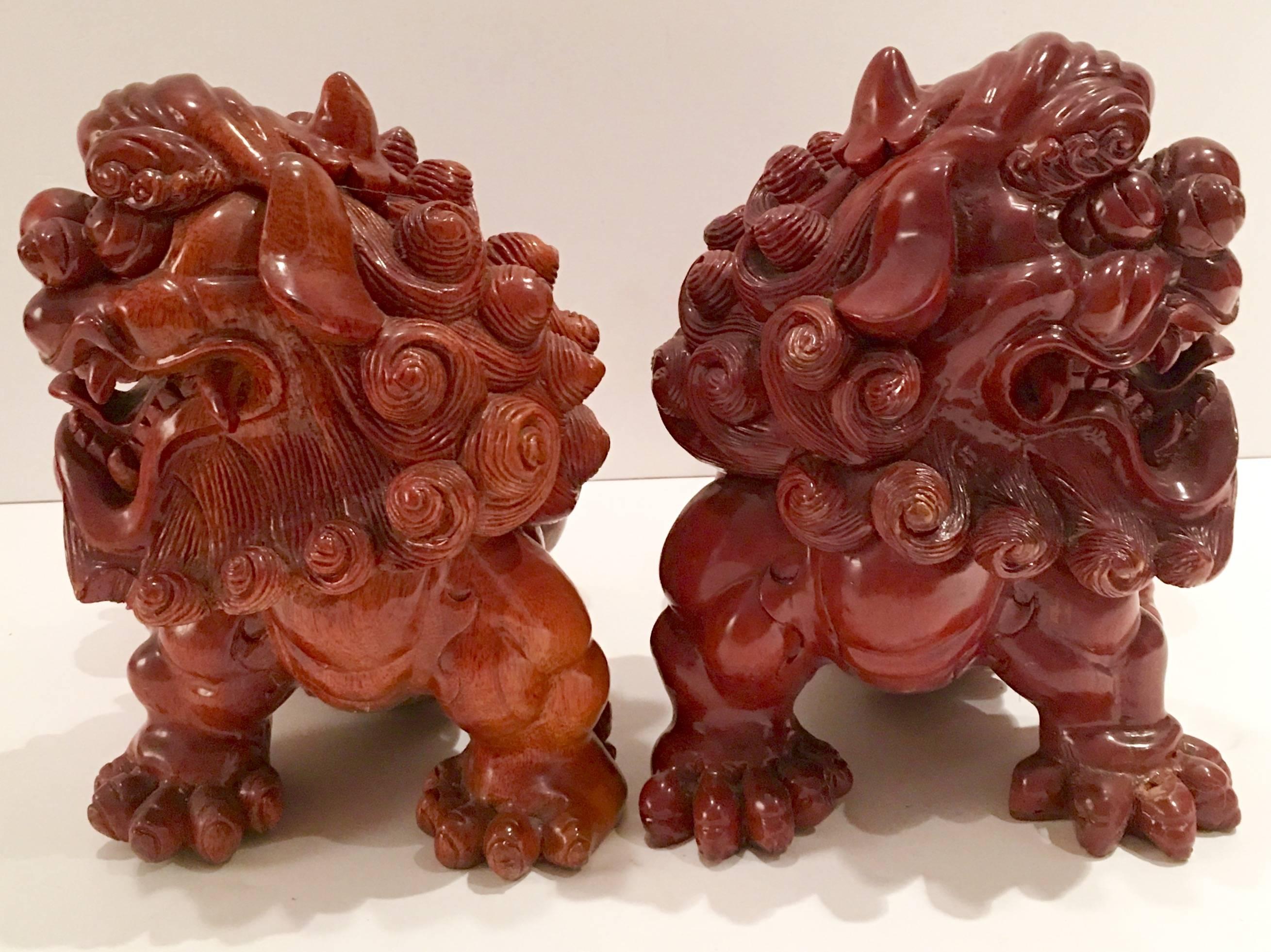 Hand-Carved 19th Century Chinese Carved Wood Foo Dog Pair