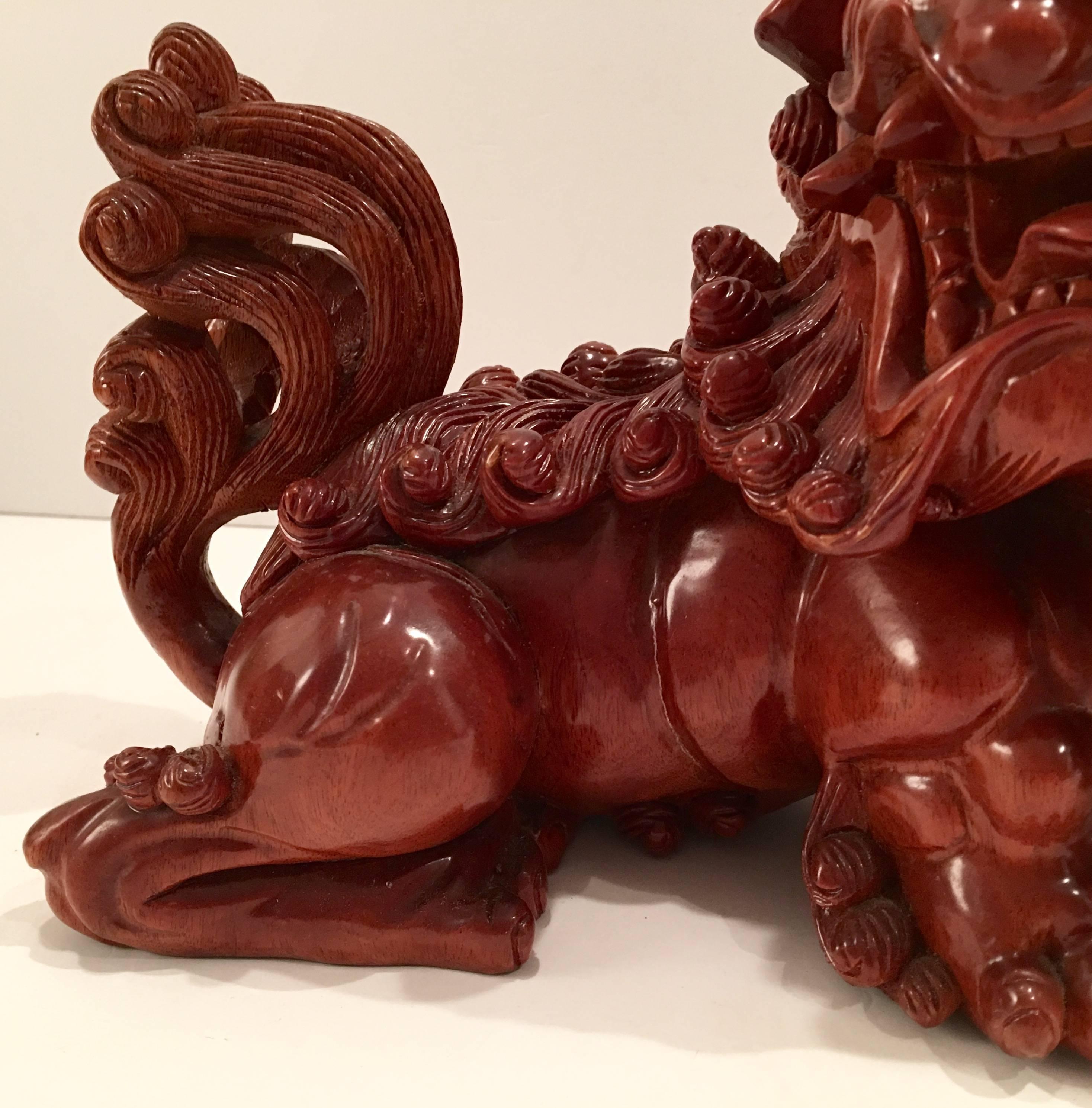 19th Century Chinese Carved Wood Foo Dog Pair 3