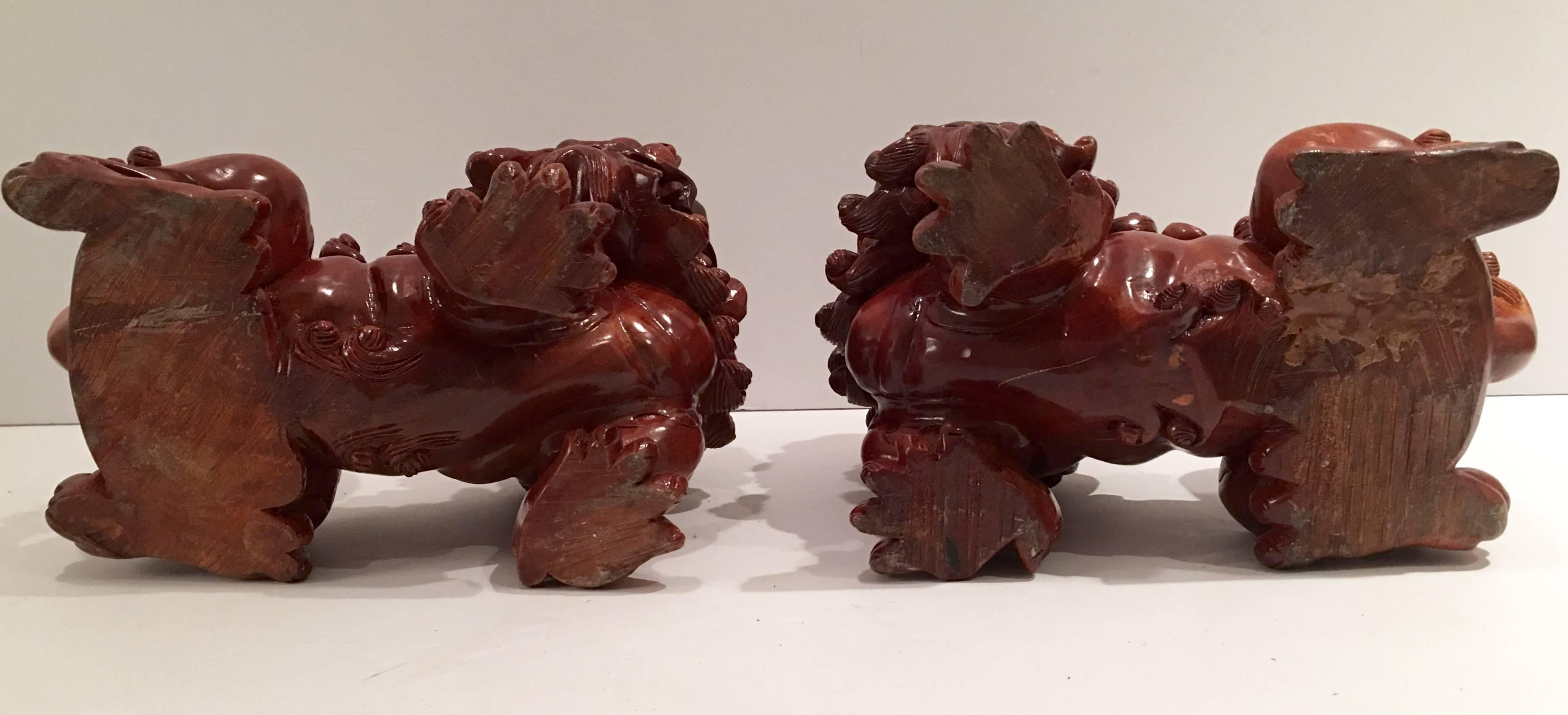 19th Century Chinese Carved Wood Foo Dog Pair 5