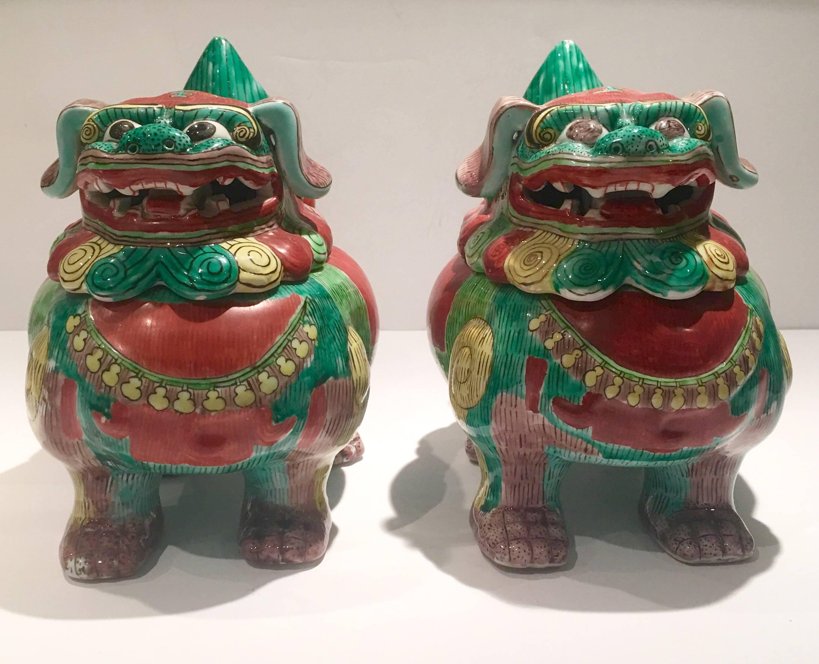Hand-Painted Vintage Chinese Ceramic Lidded Foo Dog Boxes/Tureens