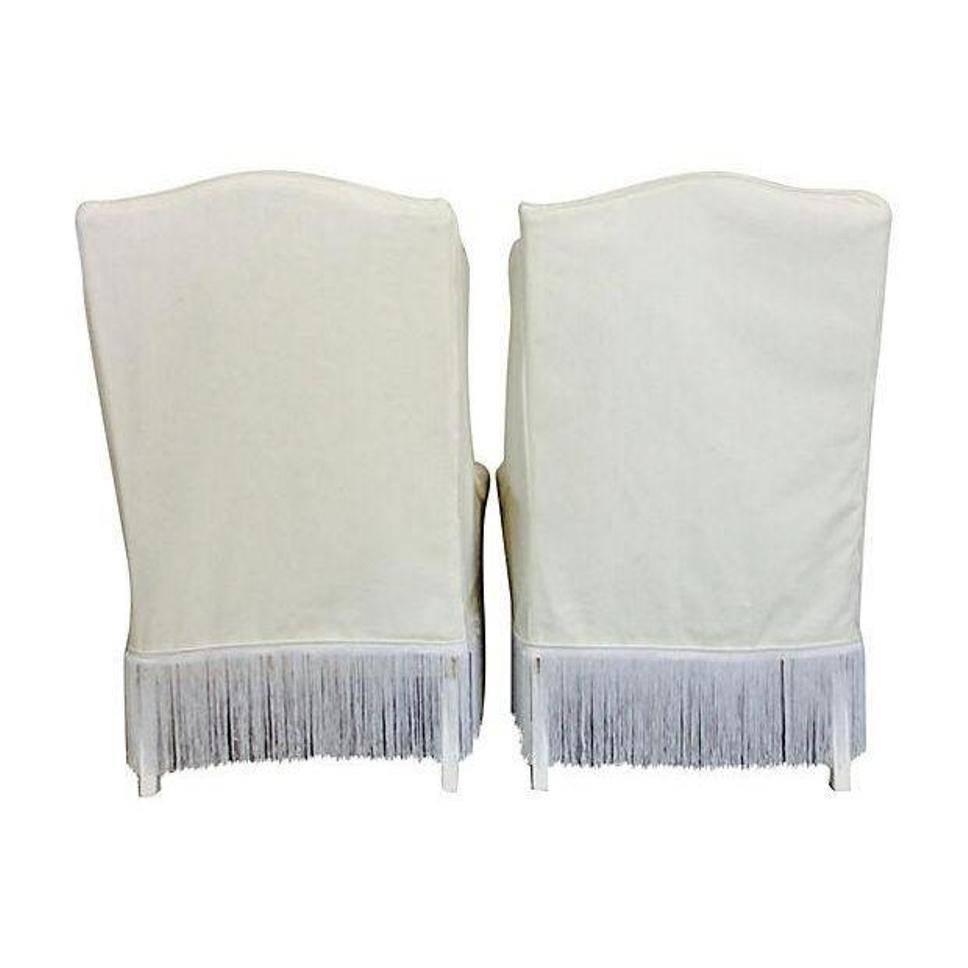 Pair of Tall White Cotton Slipcover Wingback Chairs For 