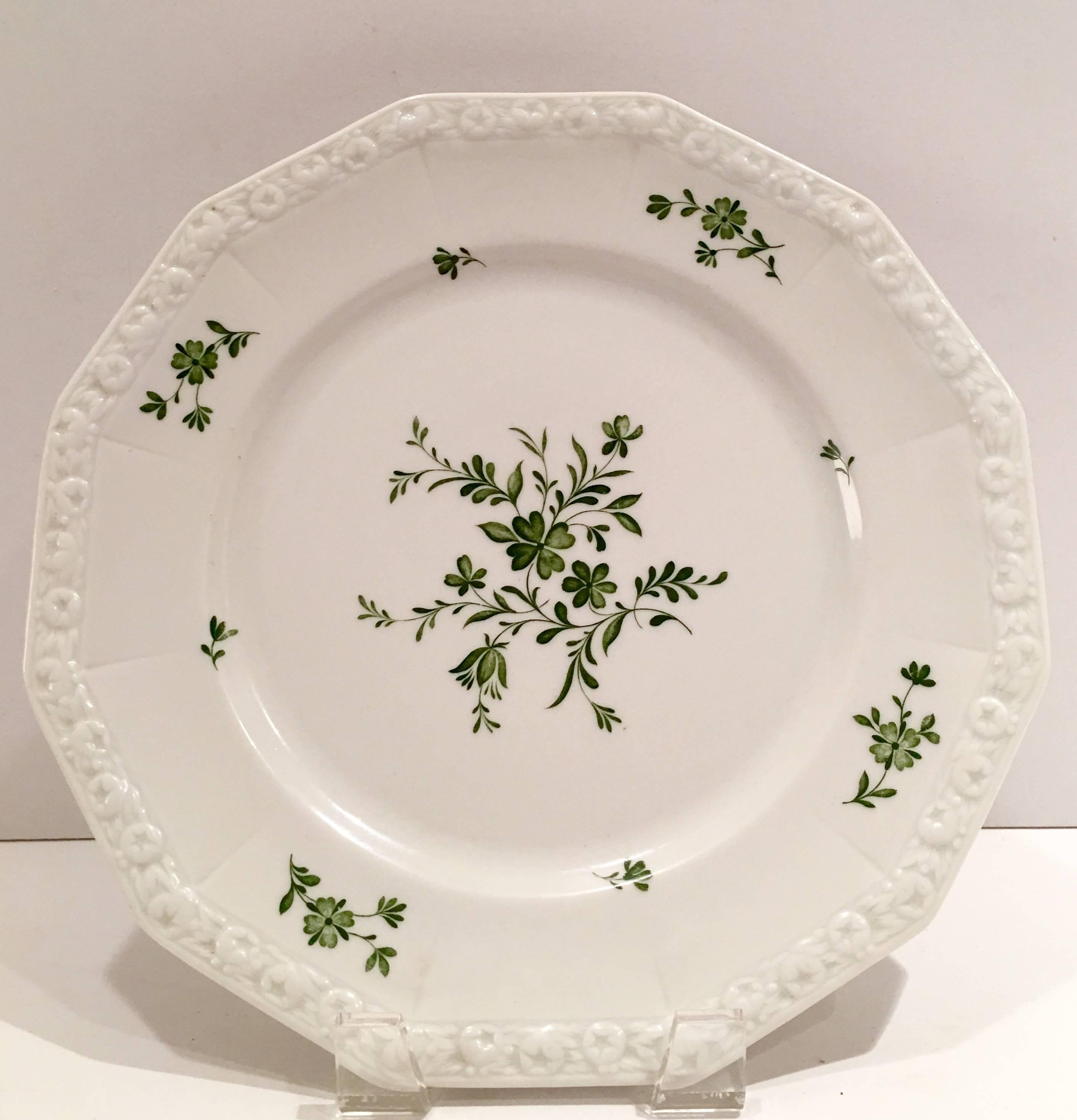 Rare Rosenthal Germany set of 11 pieces in "Maria Green" bone china. Set includes, two dinner plates, seven salad/dessert plates, 8" dia. and two fruit bowls, 5" dia. Maria green is a bright white ground with a medium green