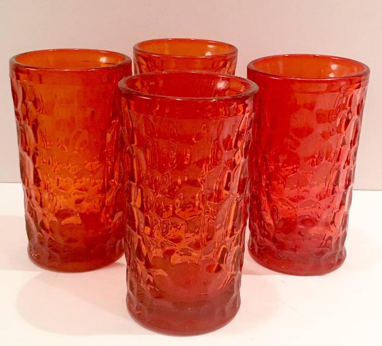 Set of 4 Blenko Tangerine Crackle Pinched Drinking Glasses 418S Whiskey  Tumblers Mid Century Modern Handblown Glass Made in USA 
