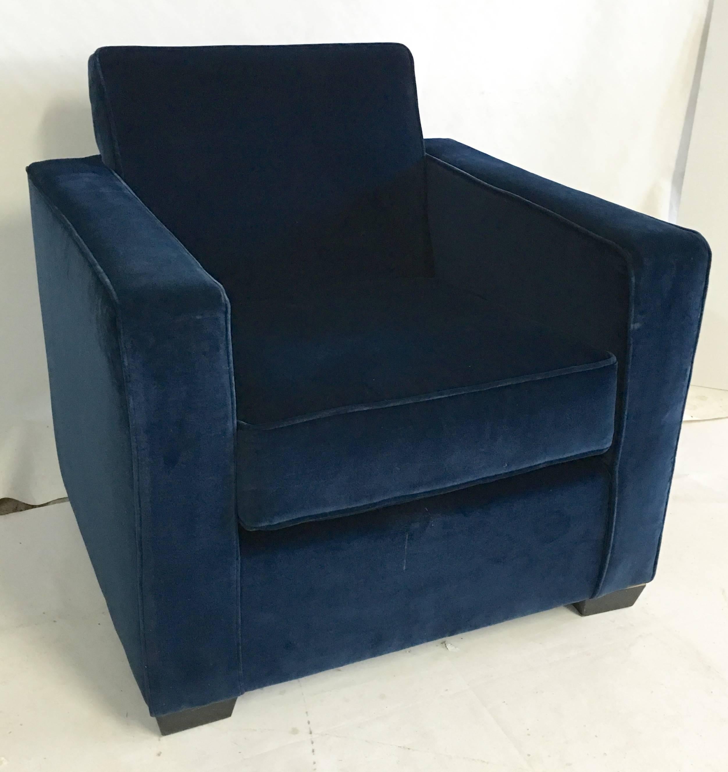 20th Century Ralph Lauren Art Deco style blue velvet club chair by Ralph Lauren Home. Features Ralph Lauren construction spring down seat cushion and ebonized square wood feet. Seat depth, 21" inches, seat height, 18" inches. Fabric by