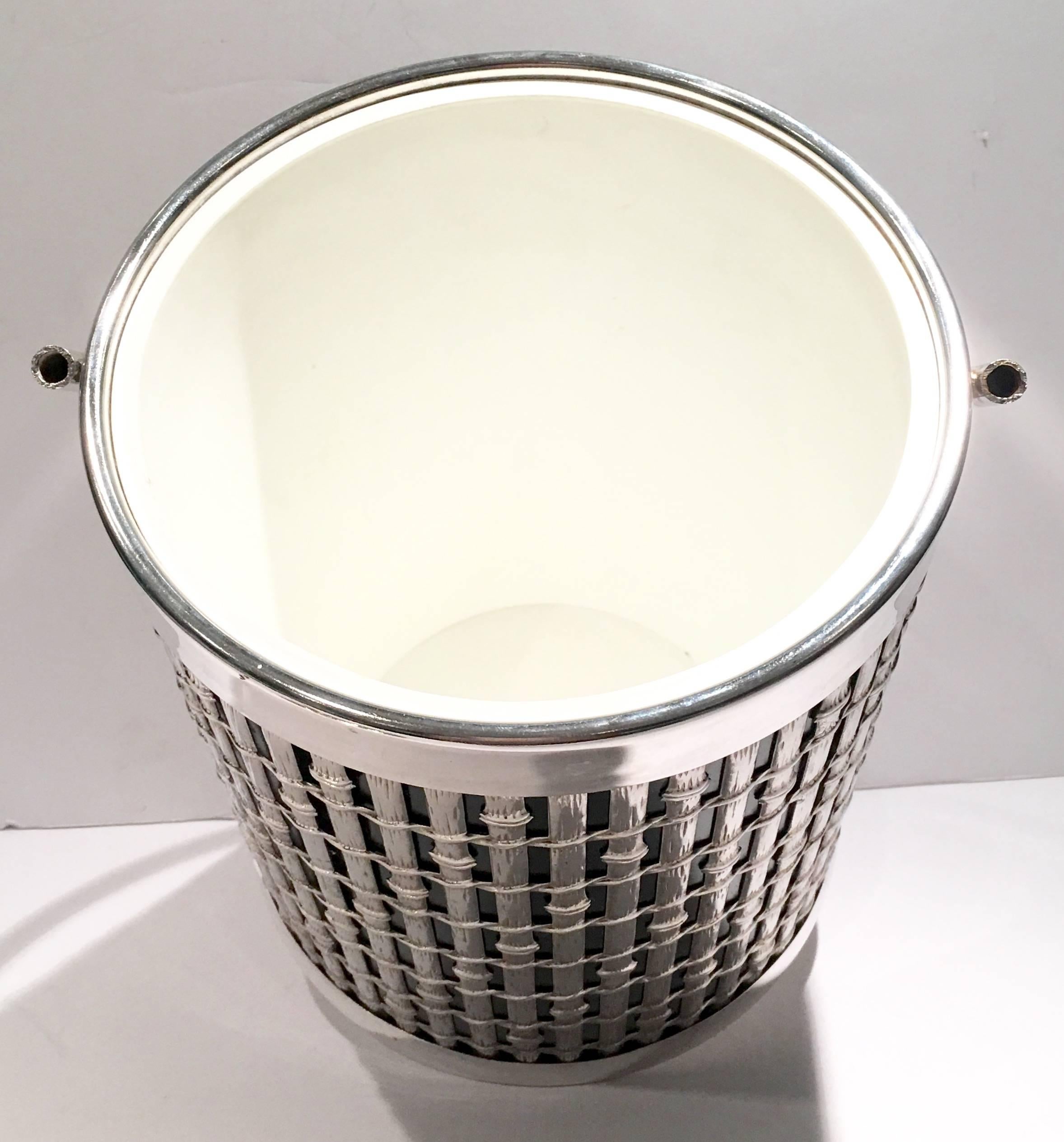 Mid-Century Faux Bamboo Thermal Silver Plate Lidded Ice Bucket 2