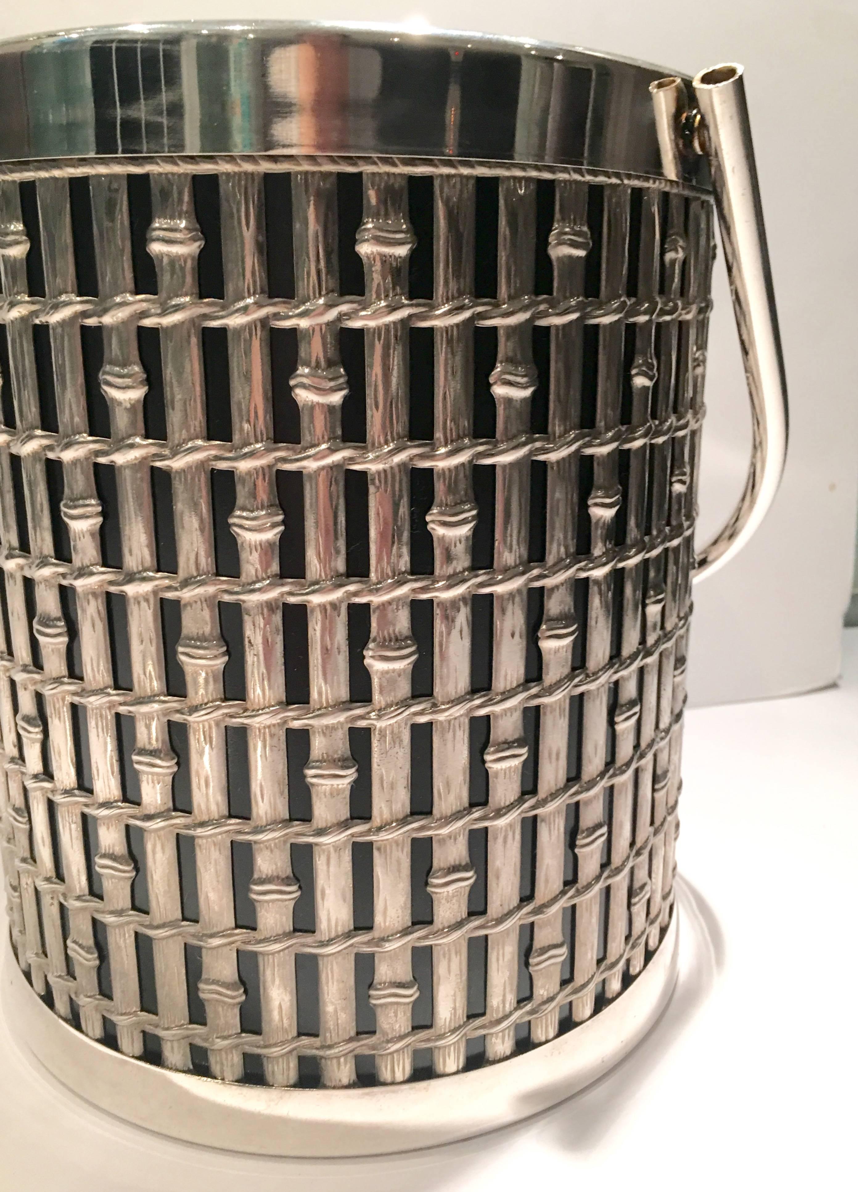 20th Century Mid-Century Faux Bamboo Thermal Silver Plate Lidded Ice Bucket