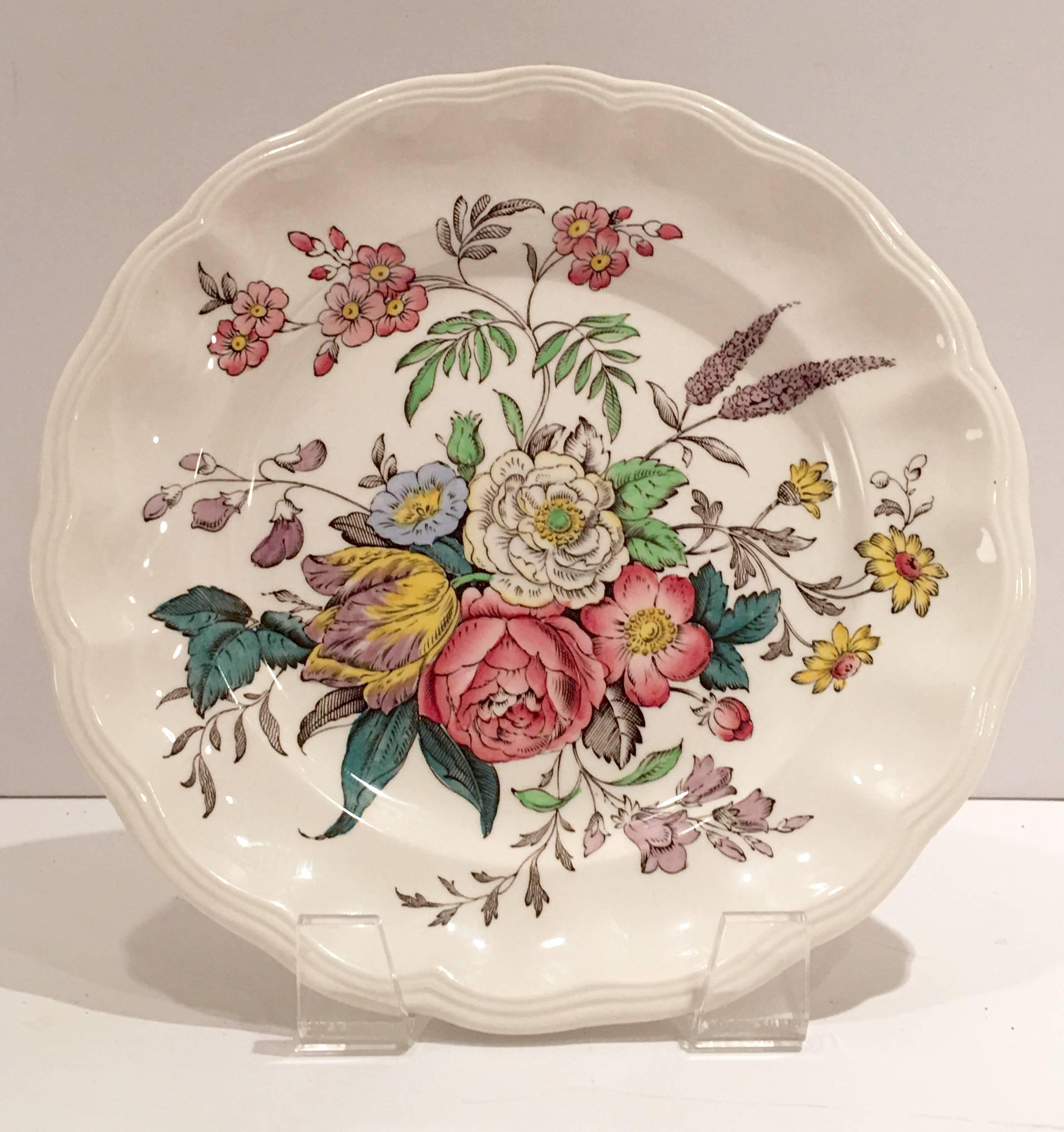 English transferware floral pattern with a scalloped edge first introduced in 1954, "Gainsborough" by, Copeland Spode. This 34 piece set includes, eight dinner plates, 10" diameter, eight salad or dessert plates, 7.25" diameter,
