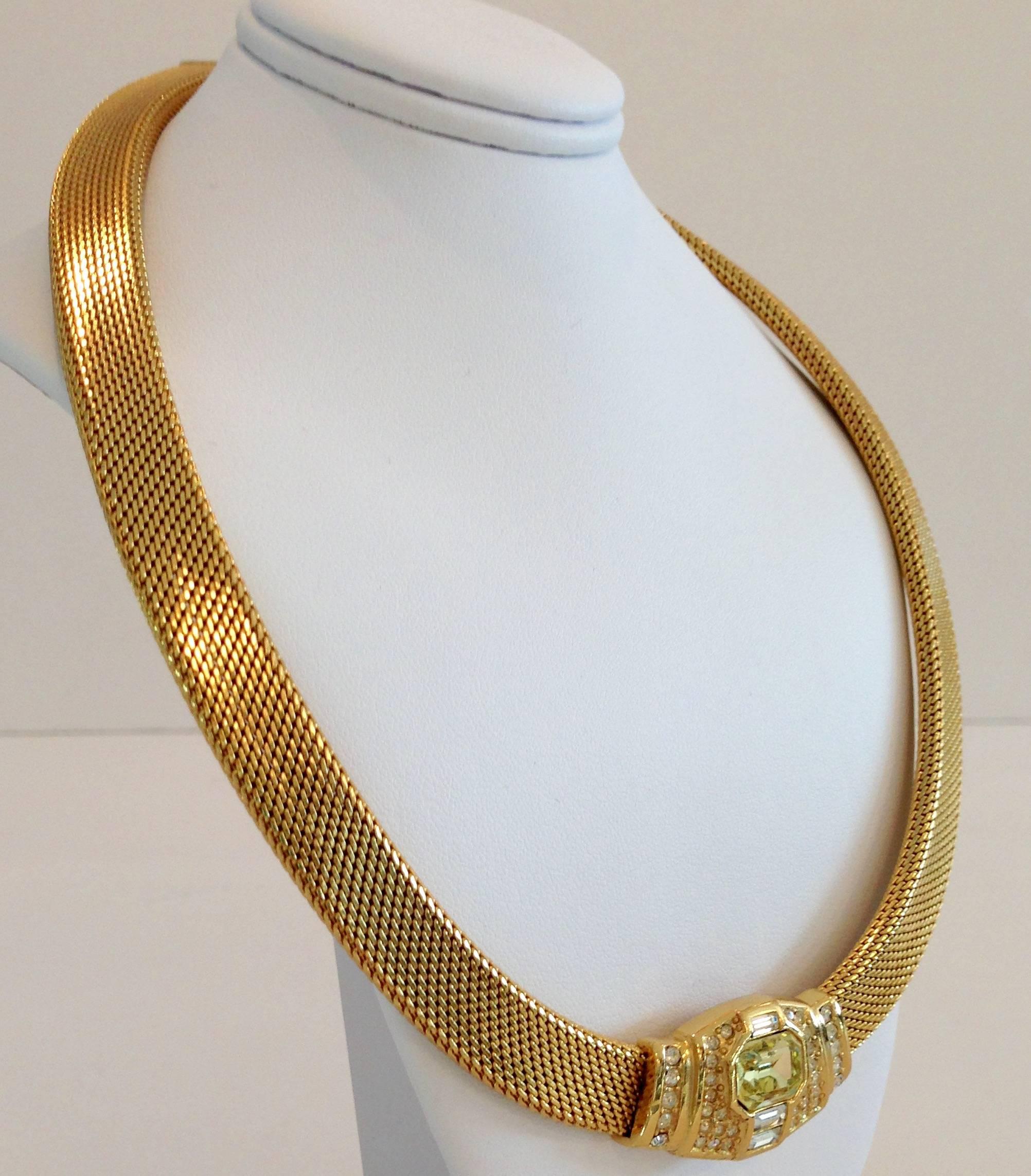 1980s gold-plated mesh choker by Christian Dior. Central baguette and pavé set clear and yellow crystal rhinestones. Double 