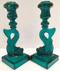1970s Green Cut Glass Koi Fish Candlesticks Pair by MMA