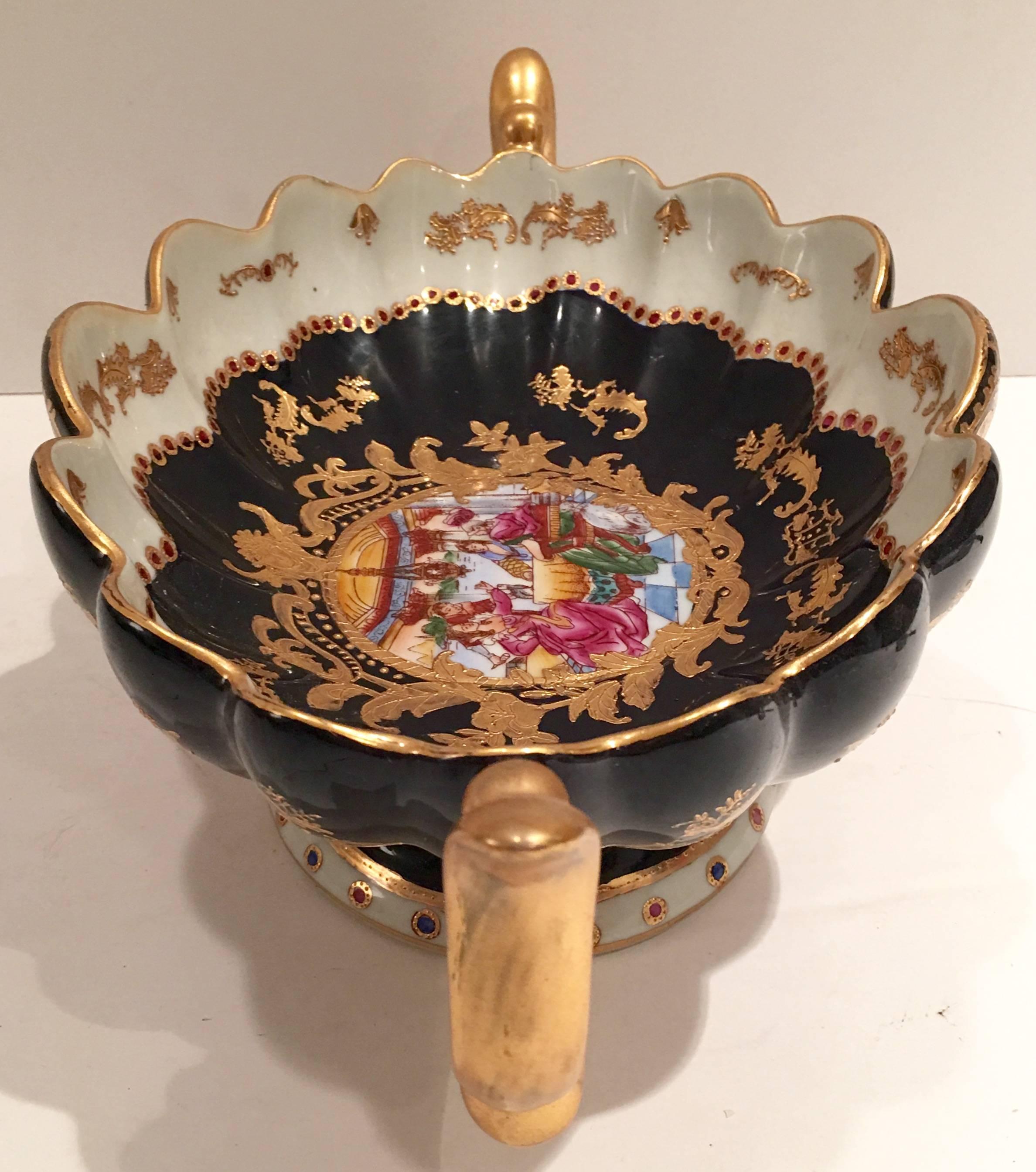 Sevres Style Porcelain 22-Karat Gold Hand-Painted Center Bowl, Signed In Excellent Condition In West Palm Beach, FL
