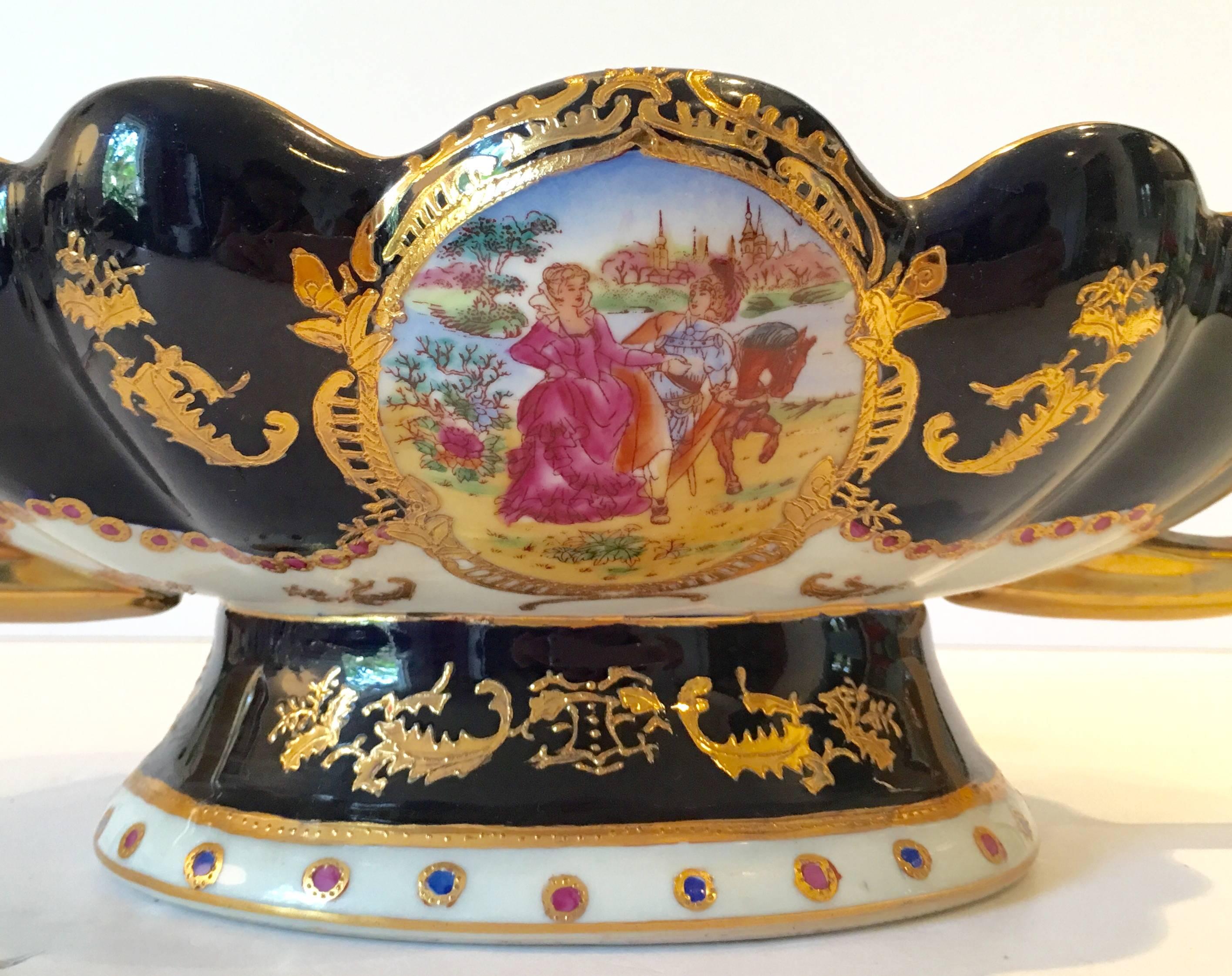 20th Century Sevres Style Porcelain 22-Karat Gold Hand-Painted Center Bowl, Signed