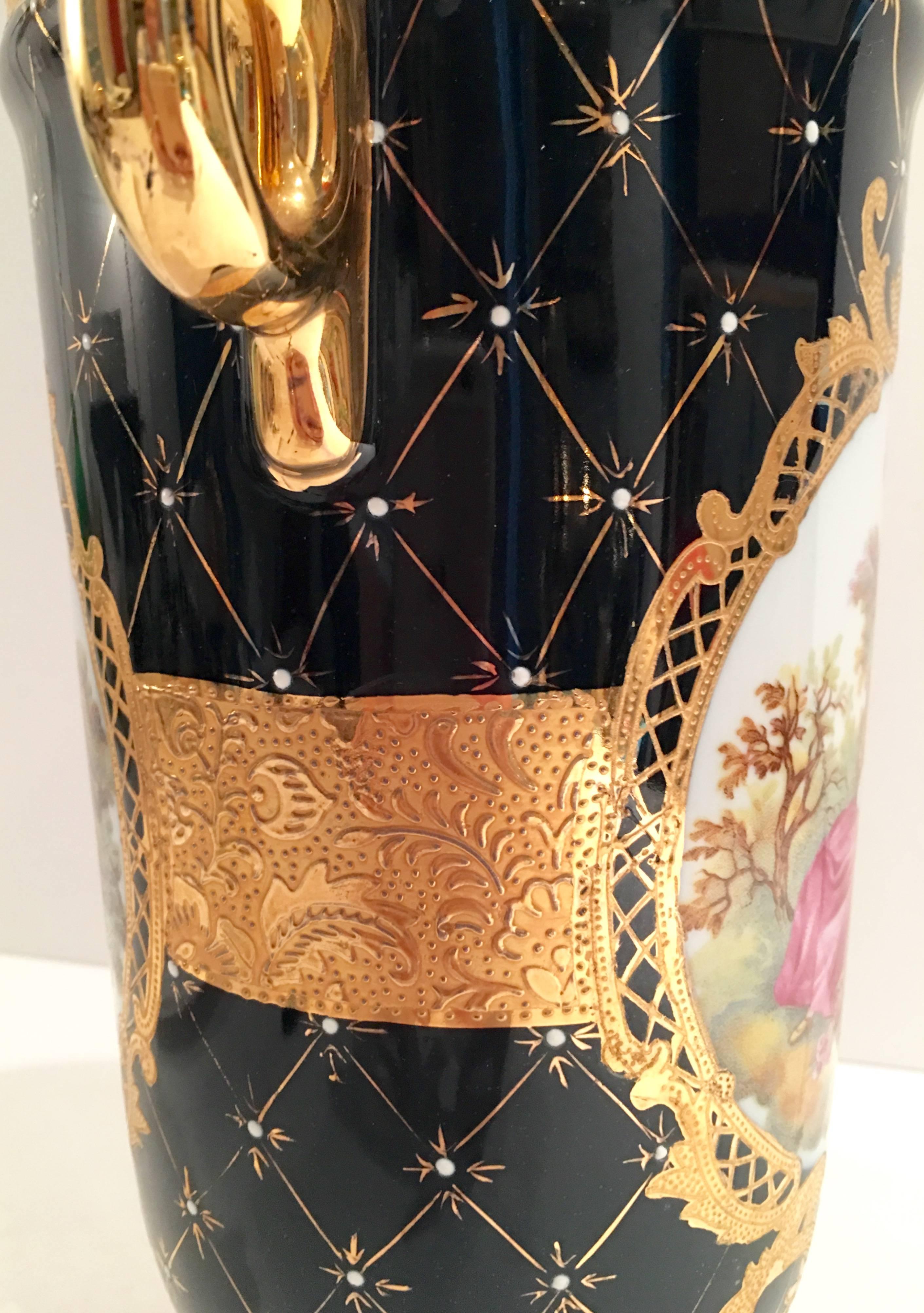 Louis XVI Limoges Cobalt French Sevres Style 22-Karat Gold  Vase