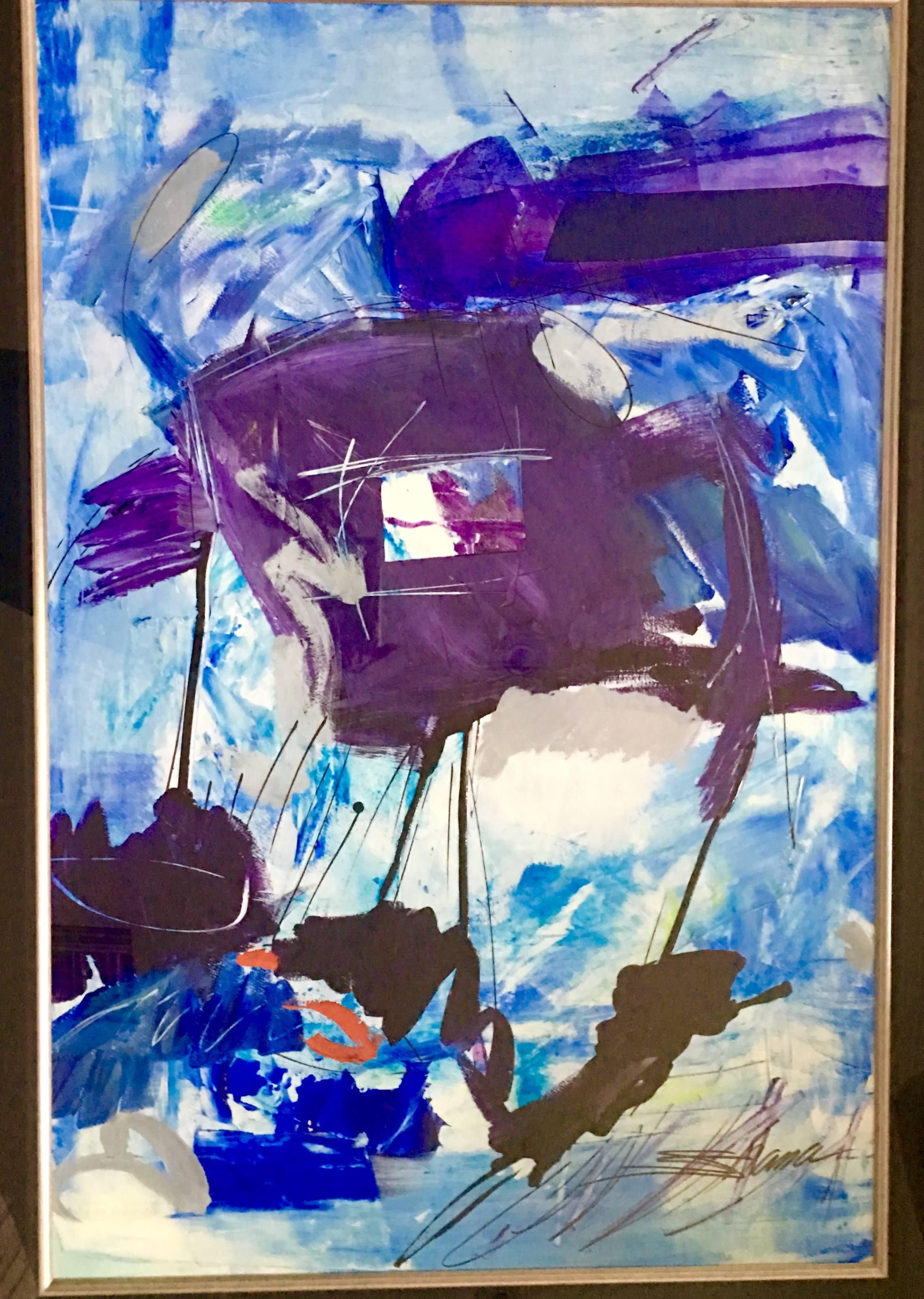 Contemporary Original Abstract Painting By, Shana Dominguez.Features Vivid  blues, purple , red balanced with white and black. Beautifully executed in a extremely well constructed   lacquered silver leaf wood beveled frame. and finished and covered