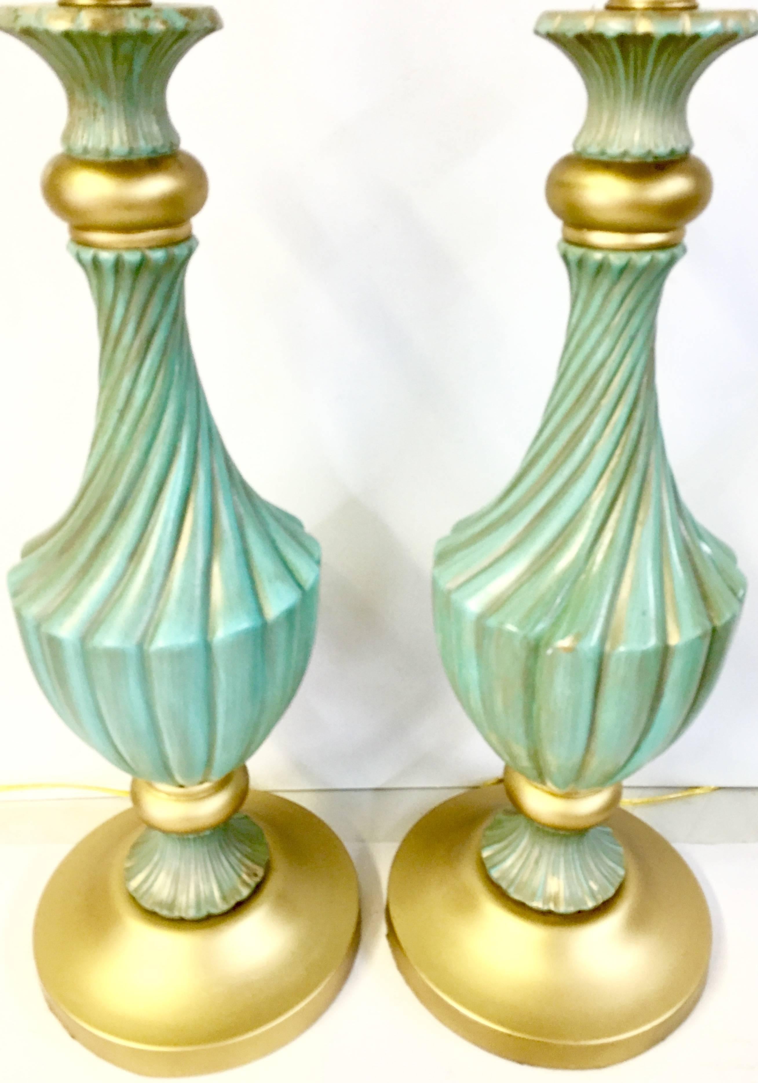 American Pair of Mid-Century Stiffel Ceramic Aqua and Gold Tall Table Lamp