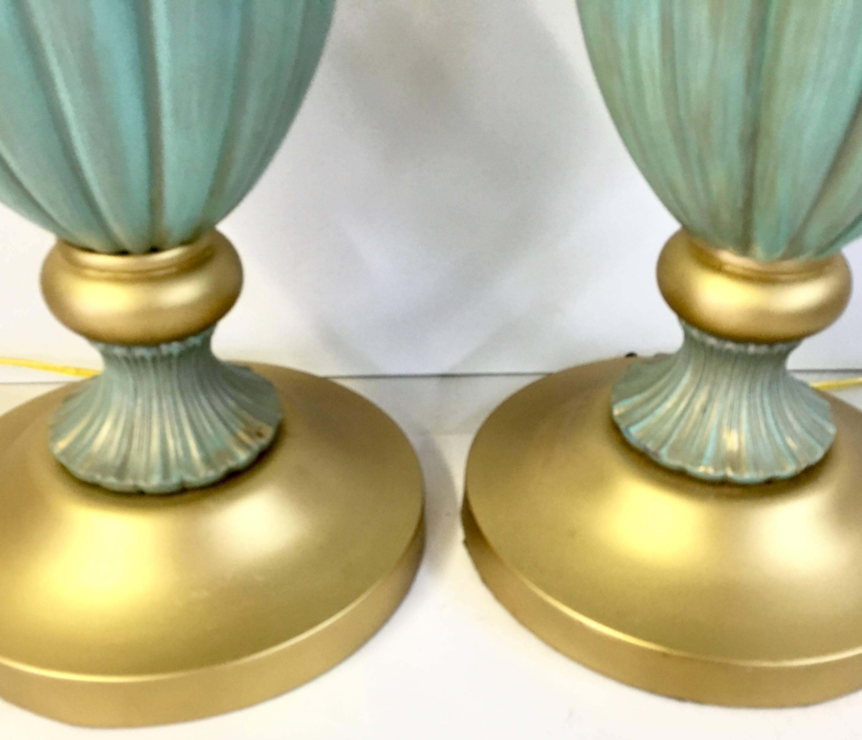 20th Century Pair of Mid-Century Stiffel Ceramic Aqua and Gold Tall Table Lamp