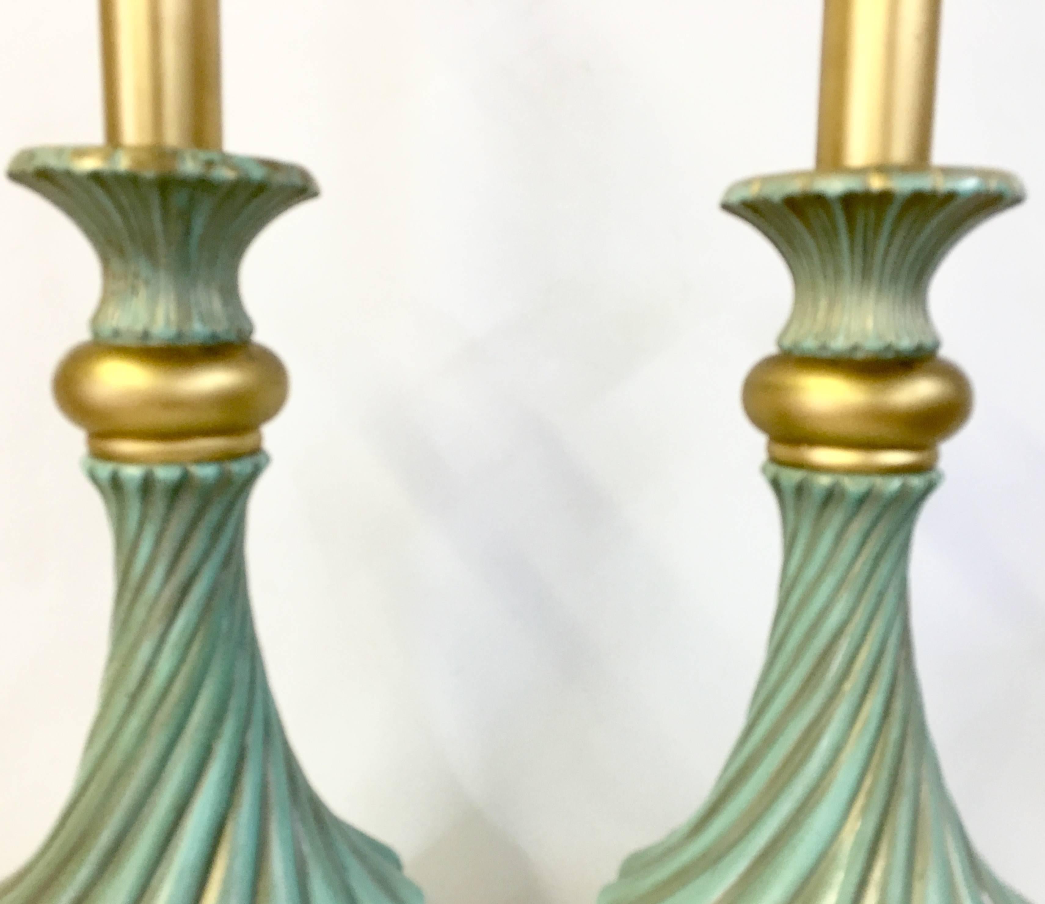 Pair of Mid-Century Stiffel Ceramic Aqua and Gold Tall Table Lamp In Excellent Condition In West Palm Beach, FL
