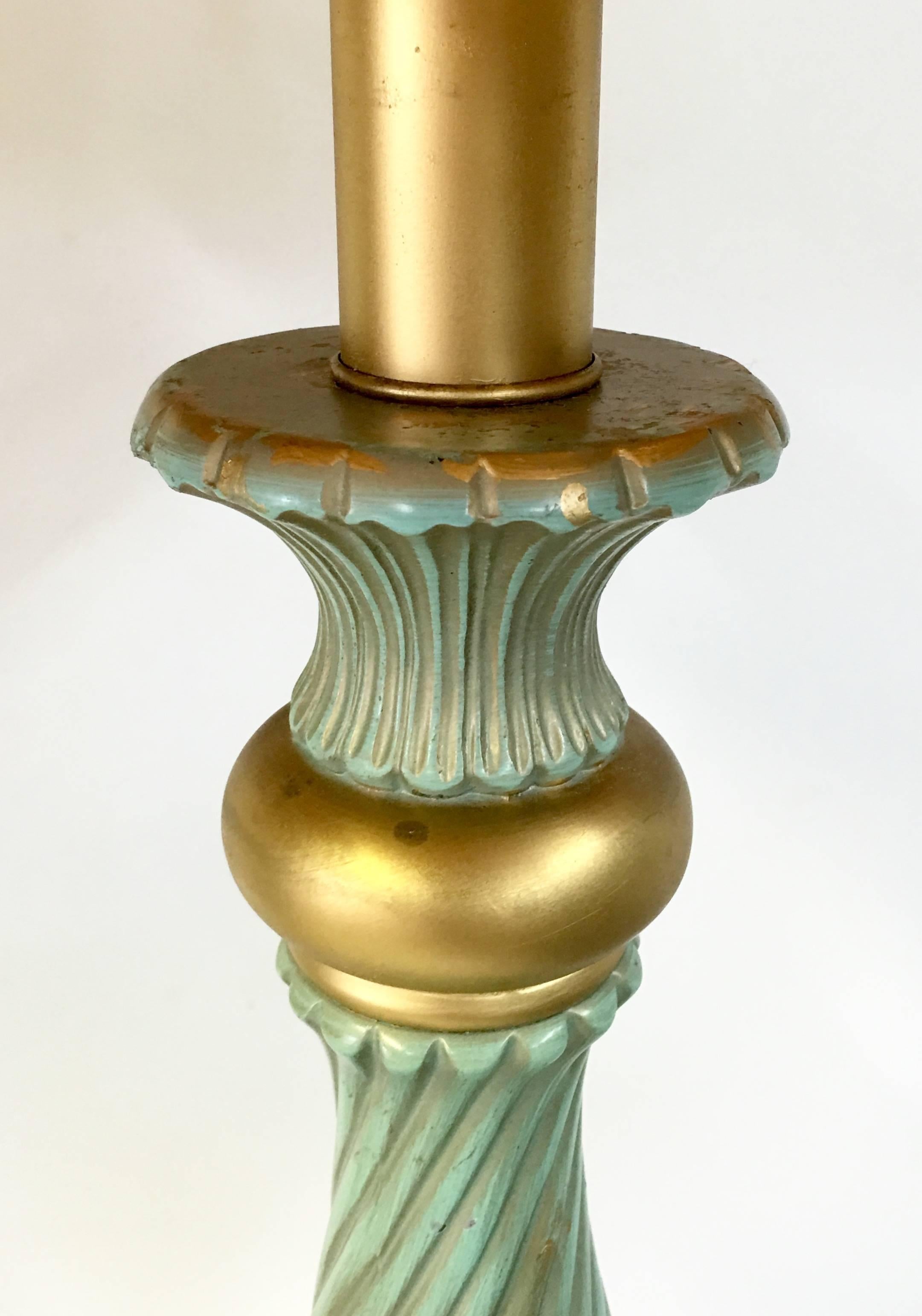 Brass Pair of Mid-Century Stiffel Ceramic Aqua and Gold Tall Table Lamp