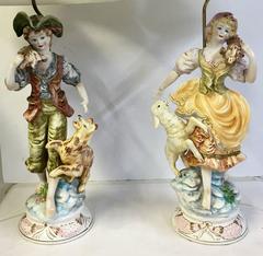 50'S Pair Of Italian Porcelain Capodimonte Country Boy and Girl Lamps Signed