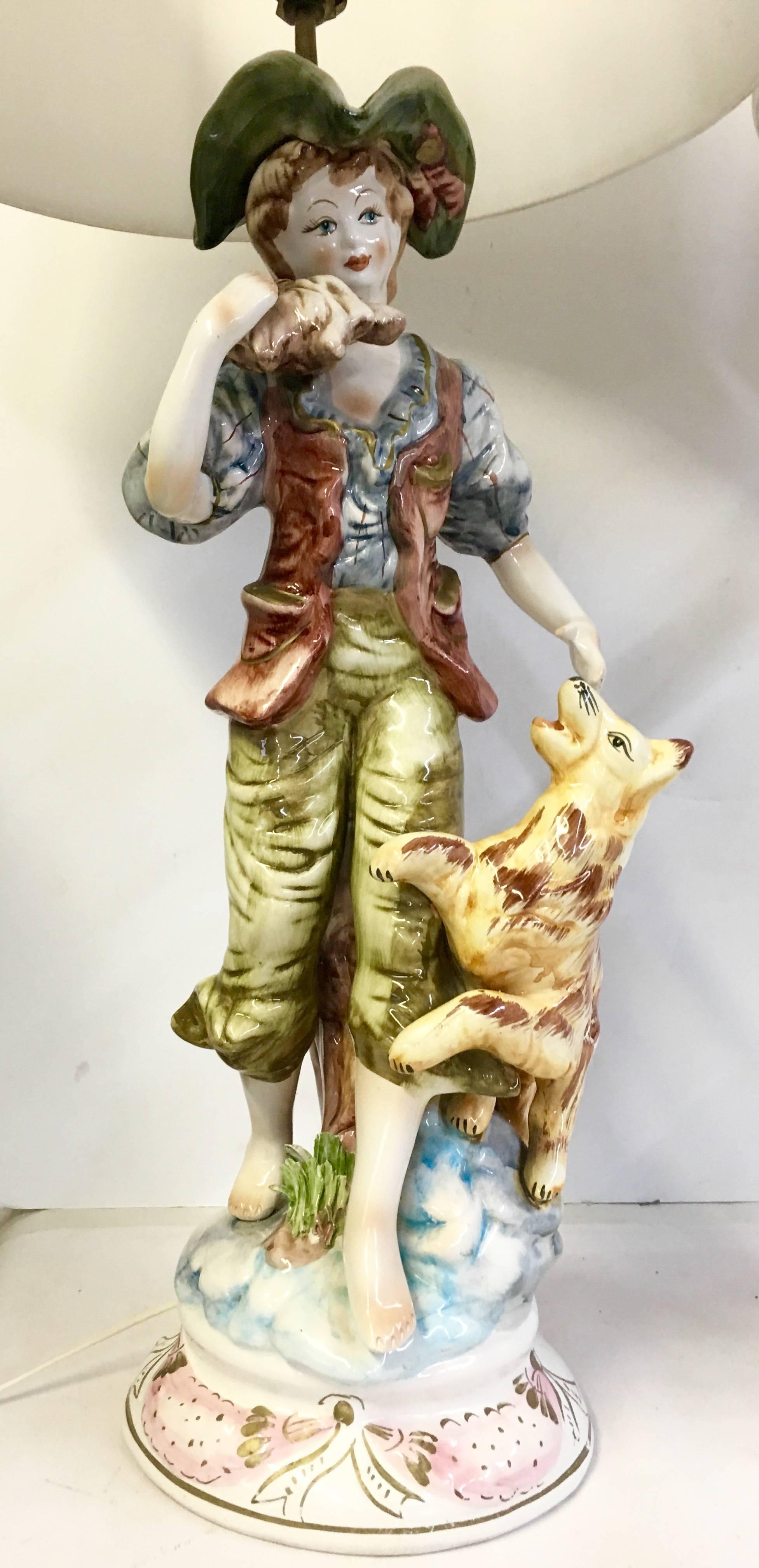 Hand-Painted 50'S Pair Of Italian Porcelain Capodimonte Country Boy and Girl Lamps Signed