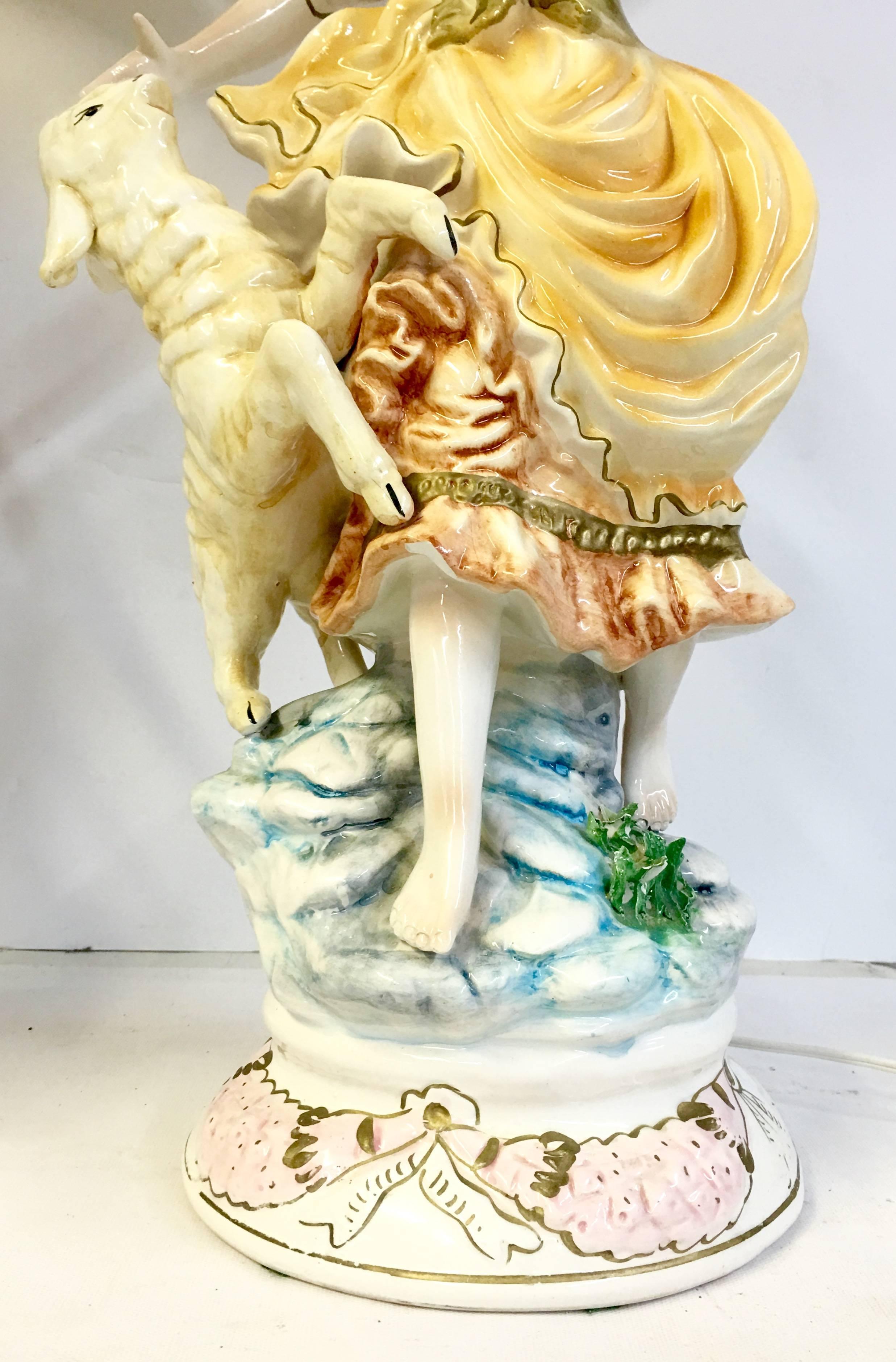 20th Century 50'S Pair Of Italian Porcelain Capodimonte Country Boy and Girl Lamps Signed