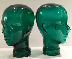 Pair Of Emerald Vidrious Glass Hat Form Figural Sculptures