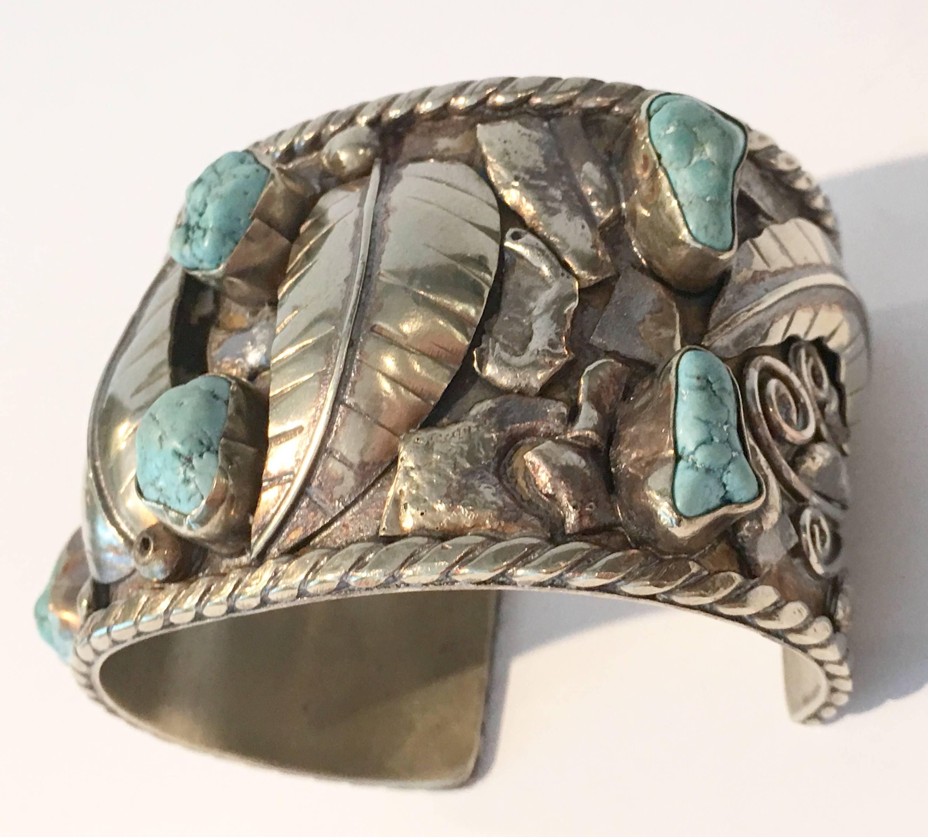 20th Century Native American Sterling over Nickel Turquoise Cuff Bracelet