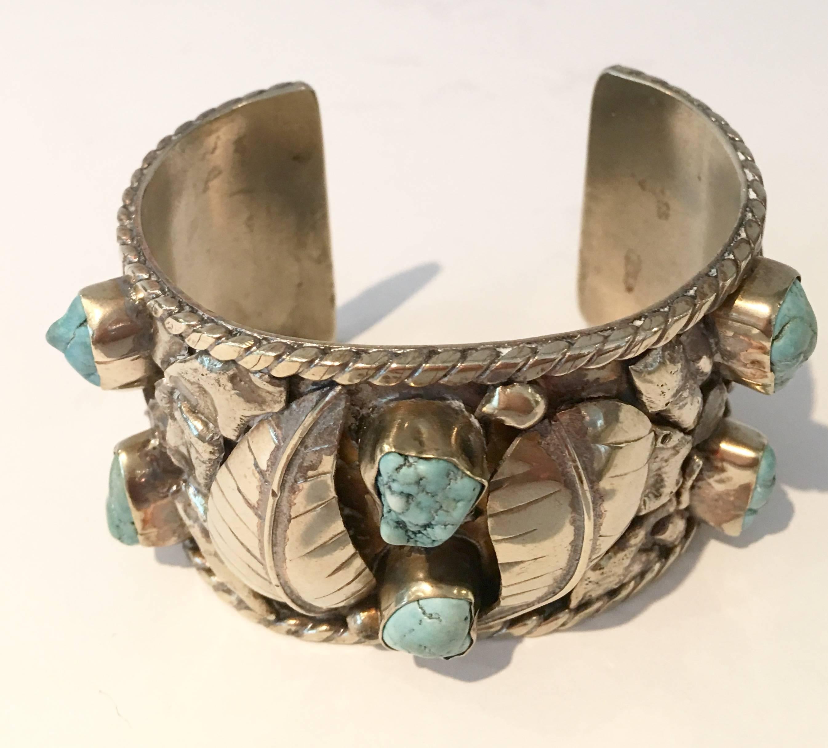 Native American Sterling over Nickel Turquoise Cuff Bracelet 1