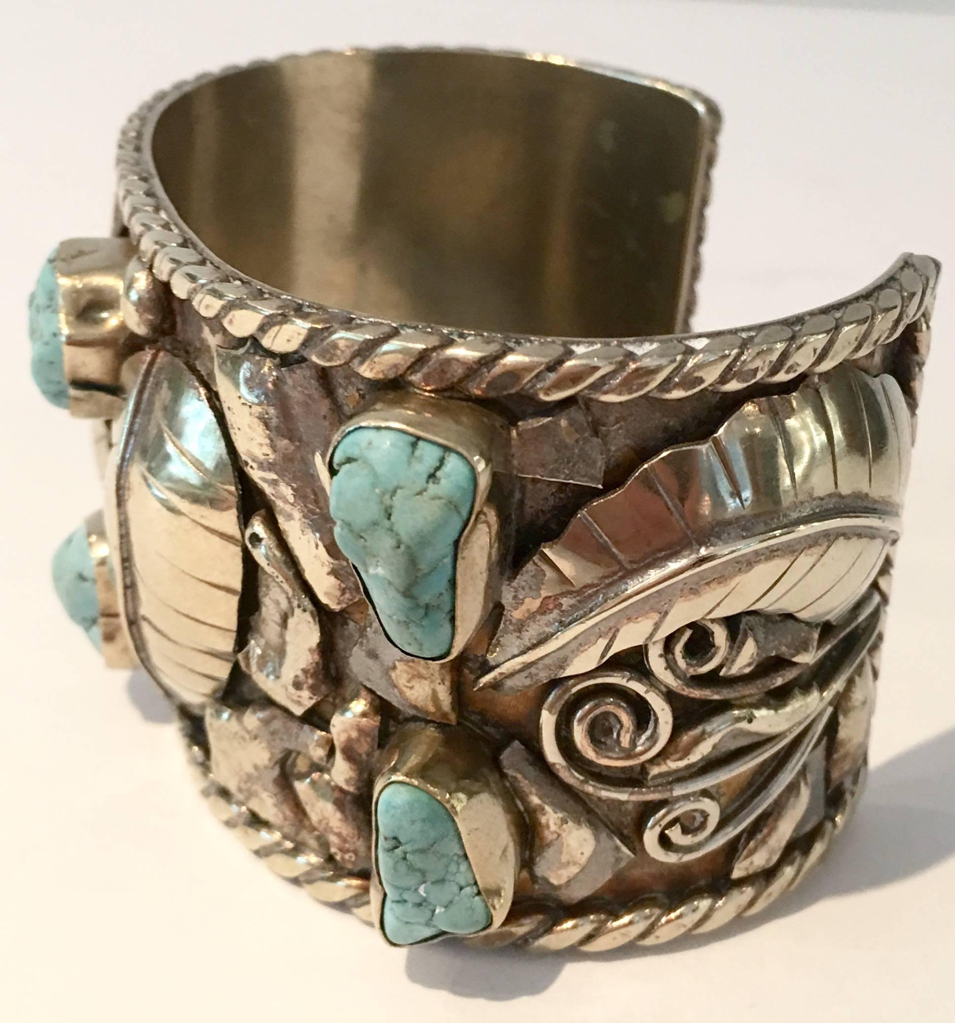 Native American Sterling over Nickel Turquoise Cuff Bracelet In Excellent Condition In West Palm Beach, FL